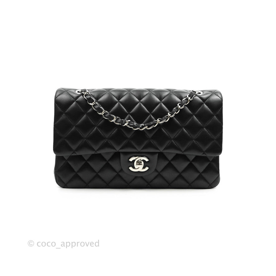 Chanel Classic M/L Medium Double Flap Black Lambskin Silver Hardware