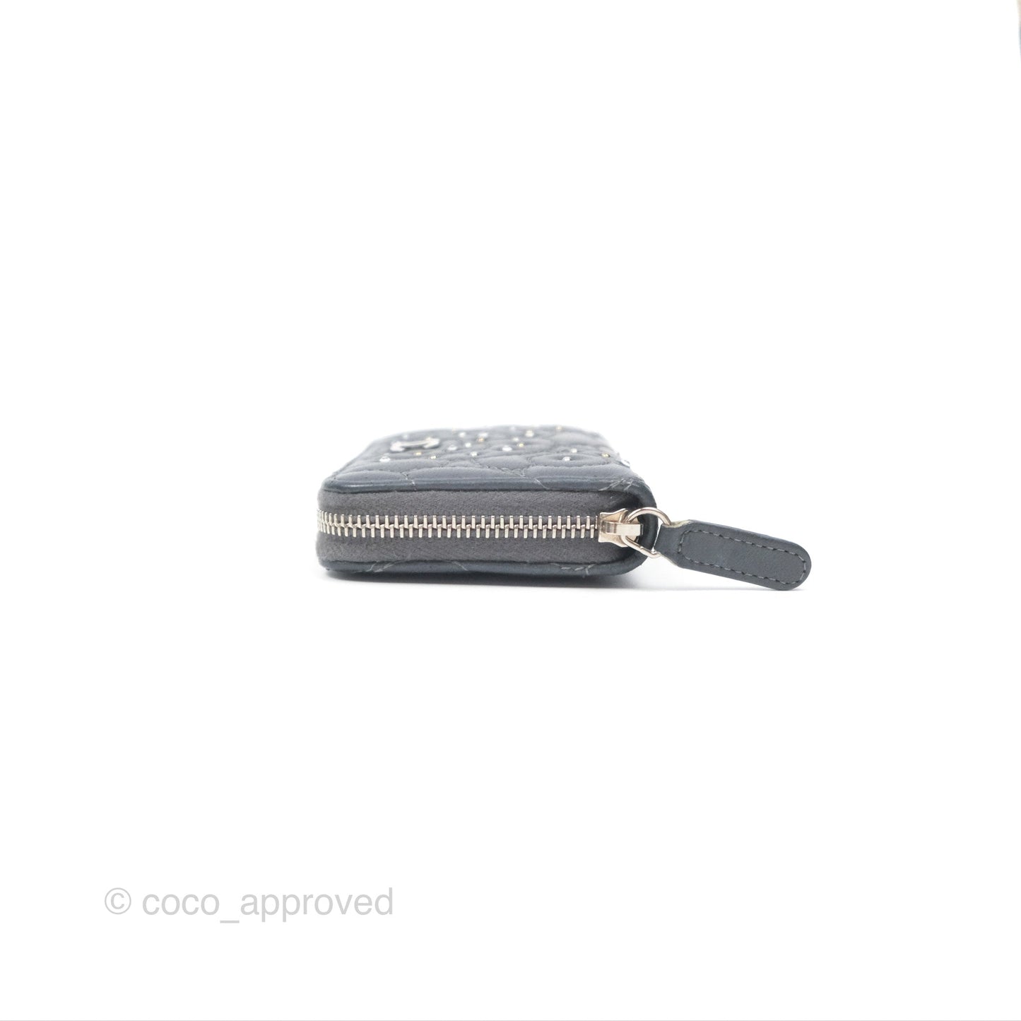 Chanel Camellia Crystal Studded Zipped Coin Purse Grey Silver Hardware