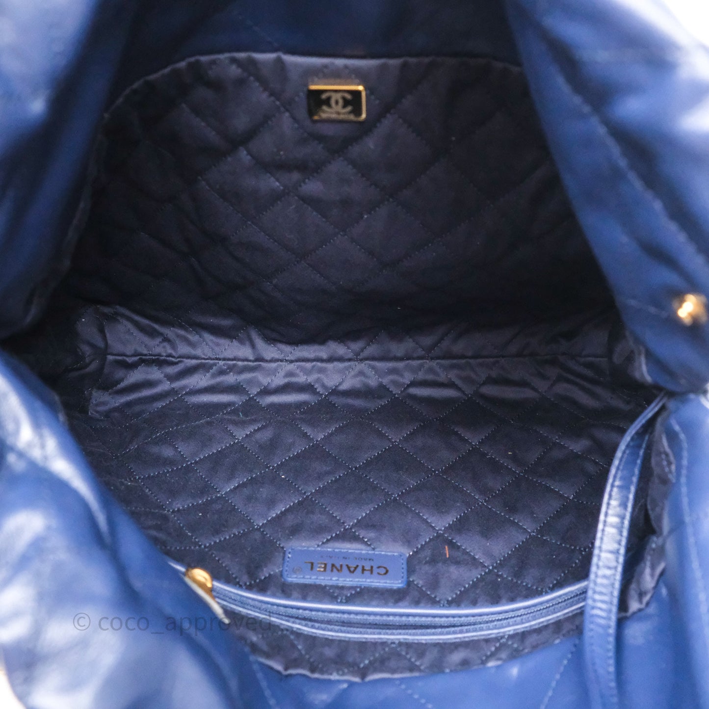 Chanel 22 Small Blue Shiny Calfskin Aged Gold Hardware