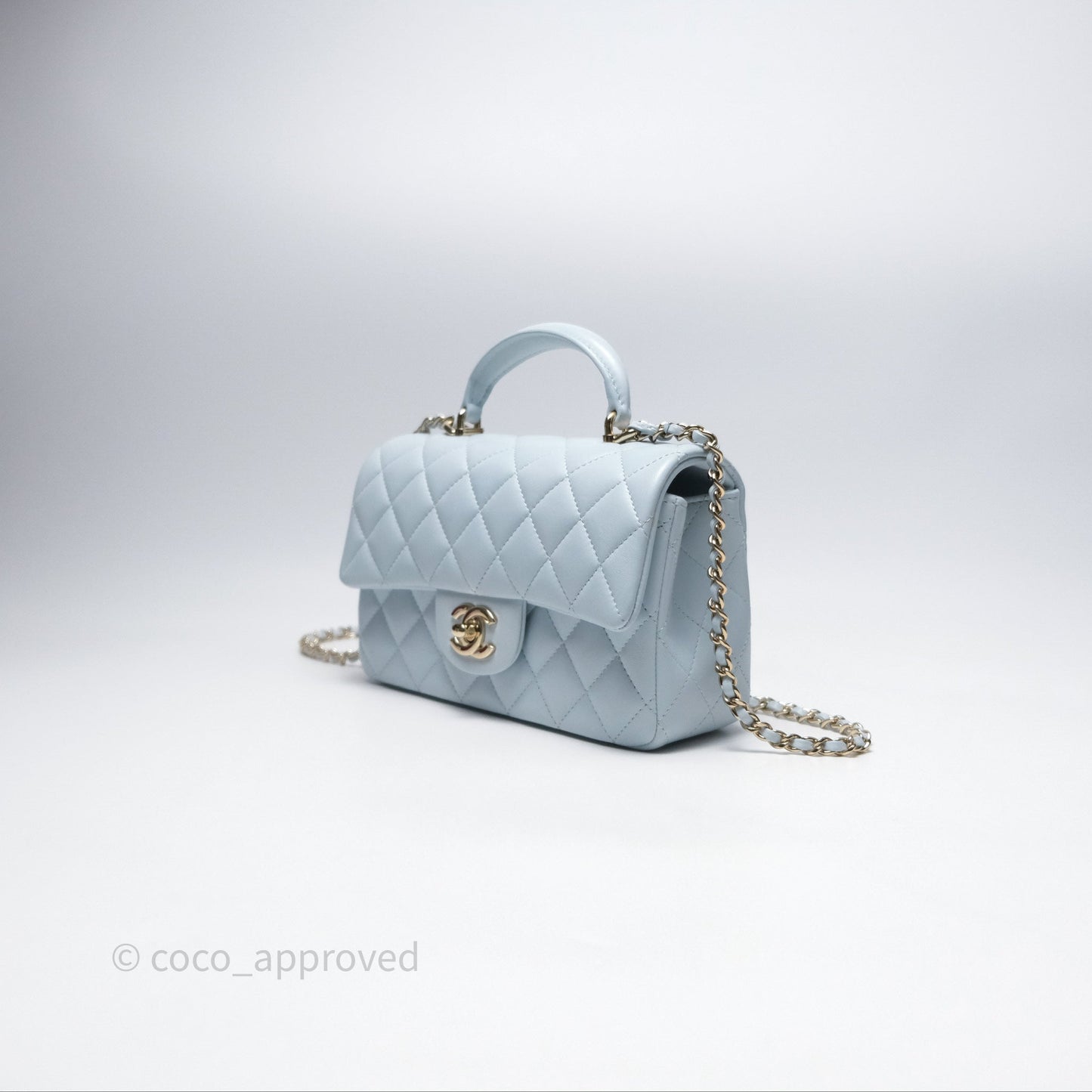 Chanel Top Handle Mini Rectangular Flap Light Blue Lambskin Gold Hardware