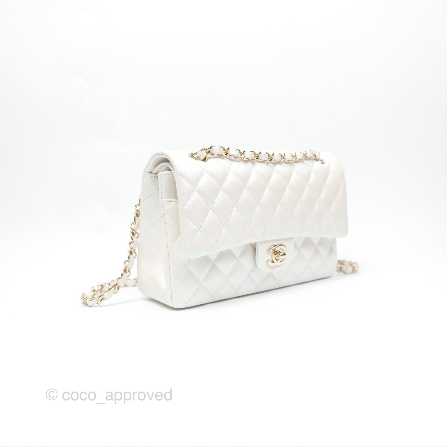 Chanel Classic M/L Medium Double Flap Iridescent White Calfskin Gold Hardware