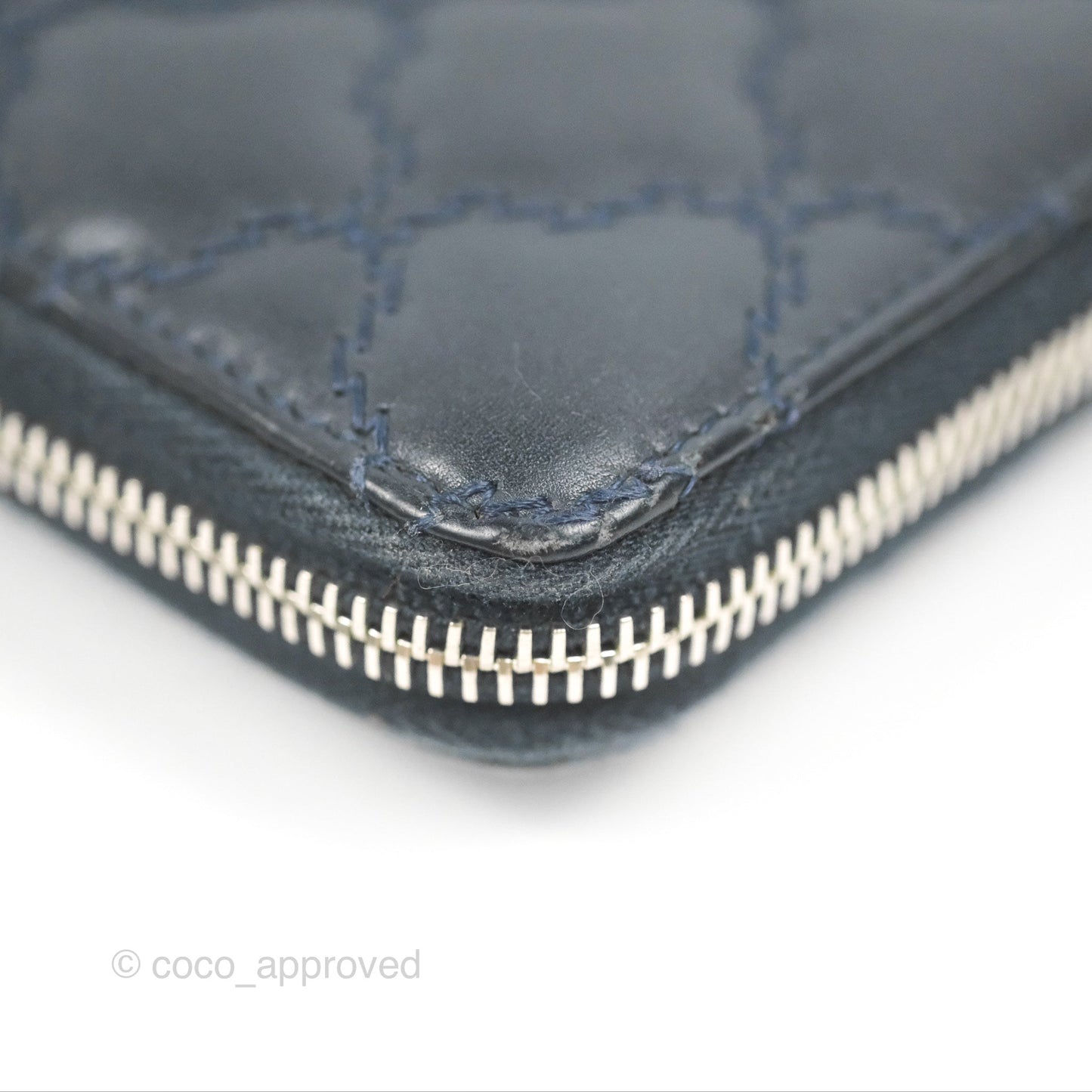 Chanel Quilted Zip Long Wallet Navy Lambskin Silver Hardware