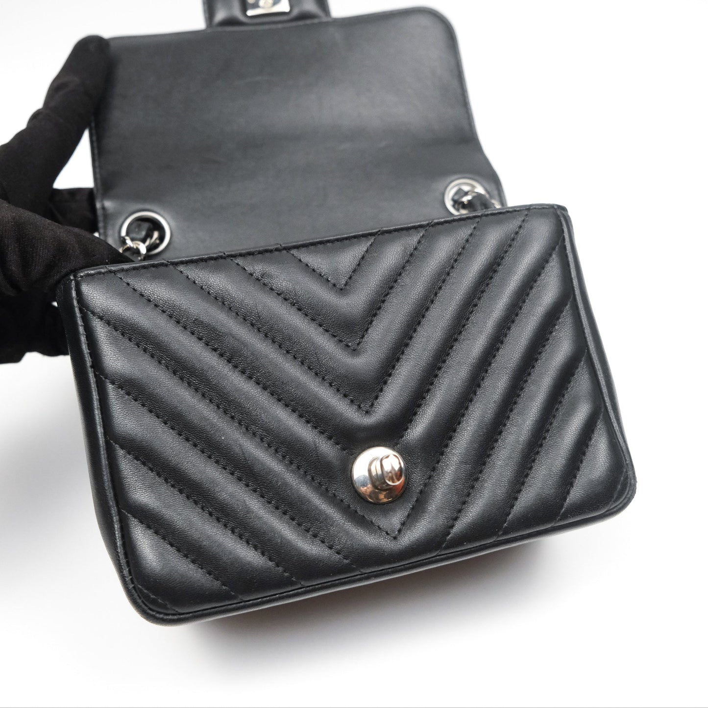 Chanel Mini Square Black Chevron Lambskin Silver Hardware