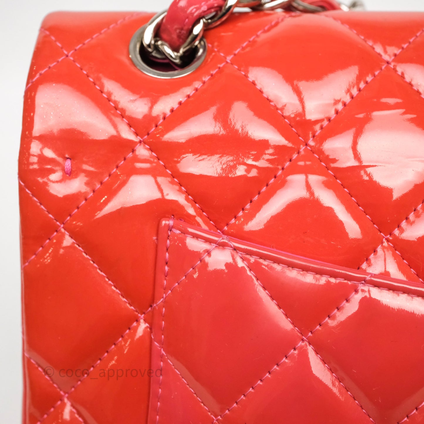 Chanel Jumbo Double Flap Red Orange Patent Silver Hardware⁣⁣
