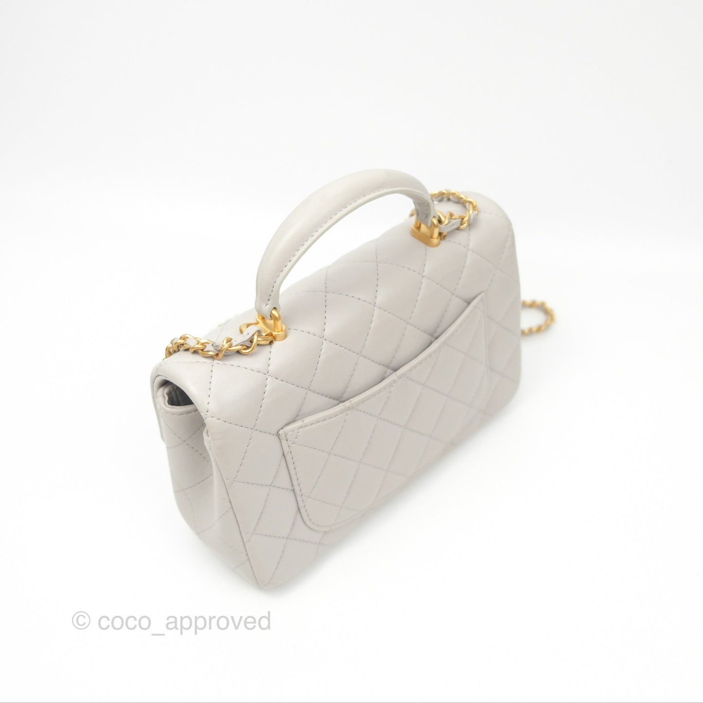 Chanel Top Handle Mini Rectangular Flap Bag Light Grey Lambskin Aged Gold Hardware