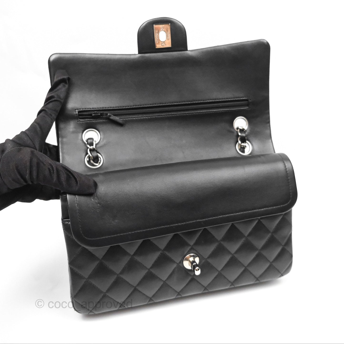 Chanel Classic M/L Medium Flap Quilted Black Lambskin Silver Hardware