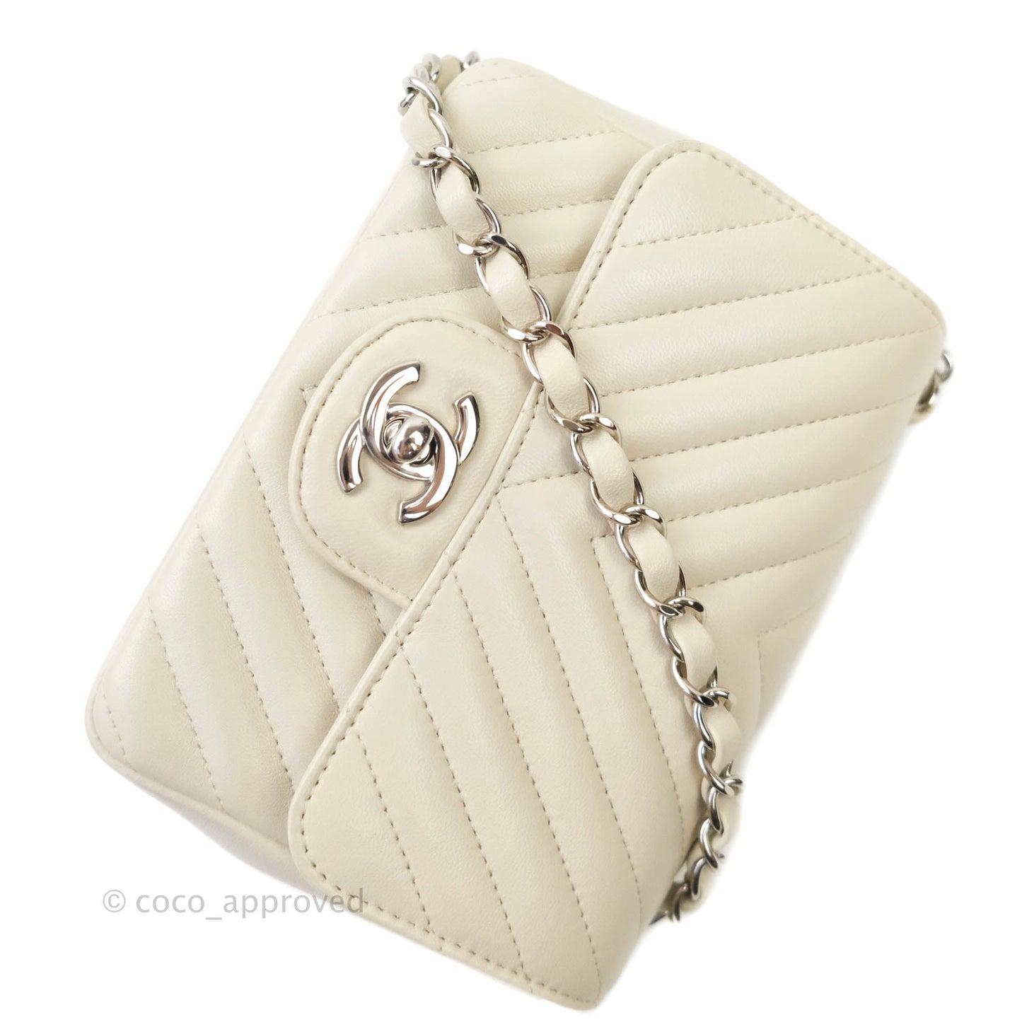 Chanel Mini Square Chevron Ivory Cream Lambskin Silver Hardware