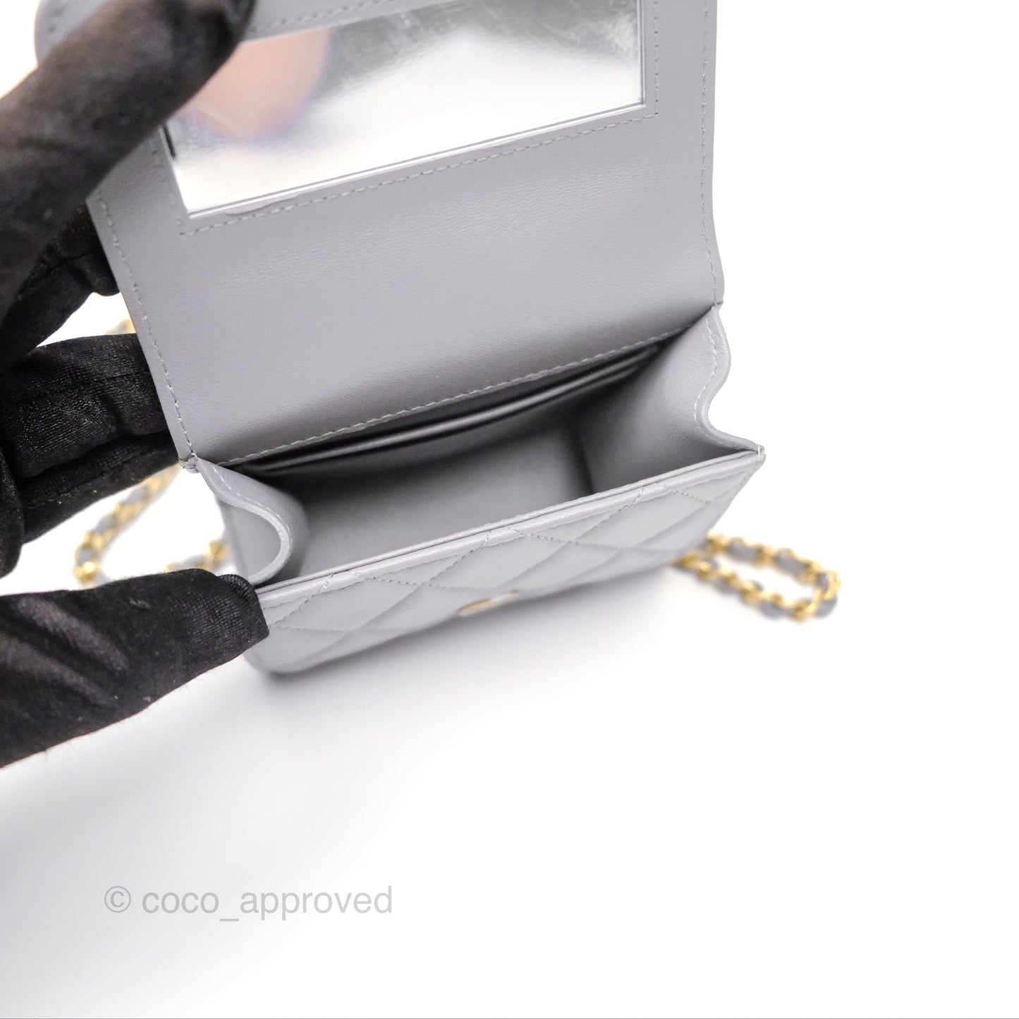Chanel Mini Metal Handle Clutch With Chain Grey Lambskin Gold Hardware