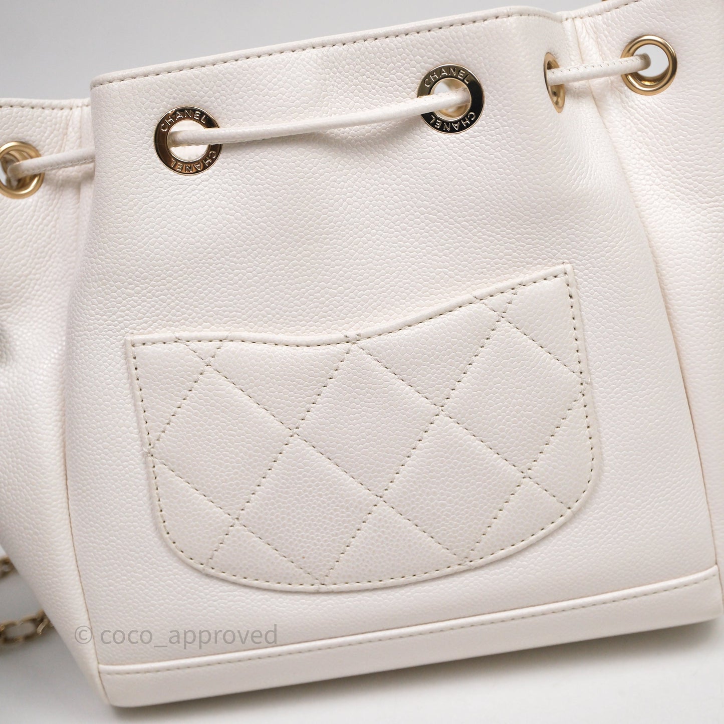 Chanel Business Affinity Drawstring Bucket Bag White Caviar Gold Hardware