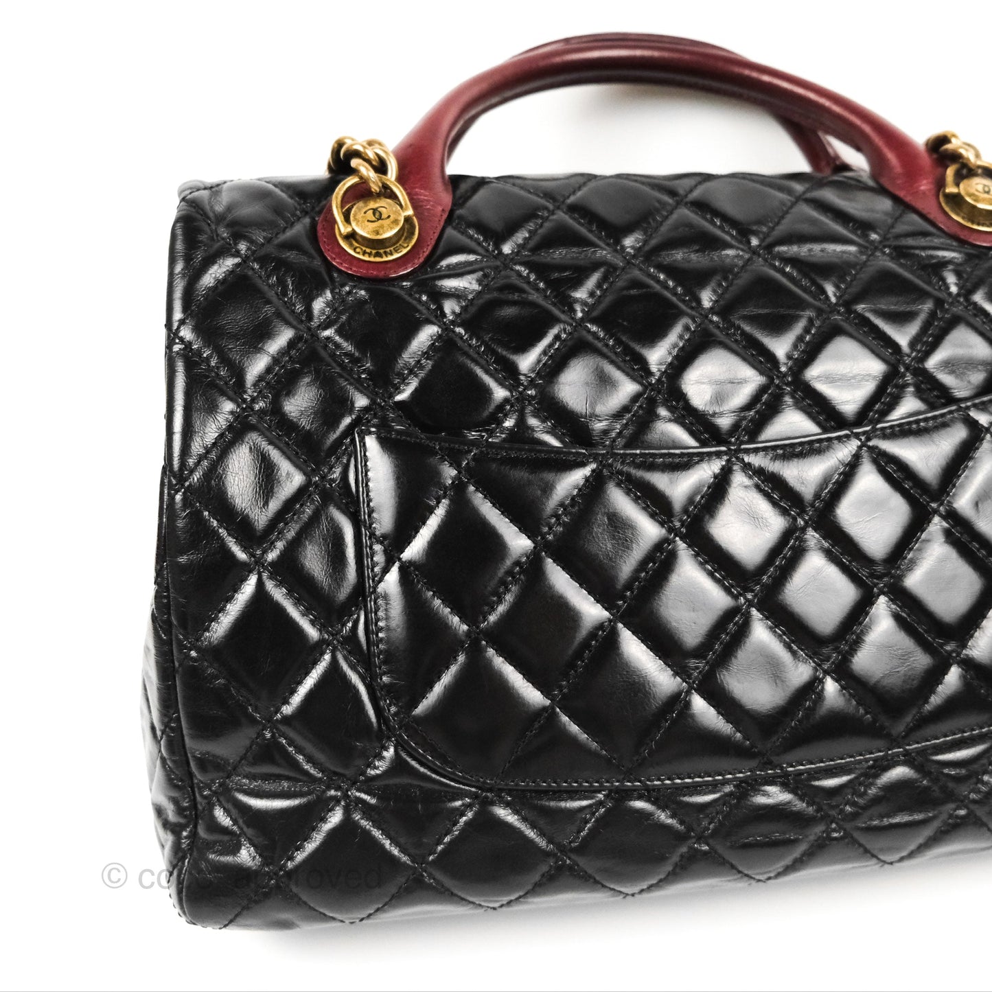 Chanel Large Castle Rock Flap Bag Black Glazed Aged Calfskin Burgundy Handle