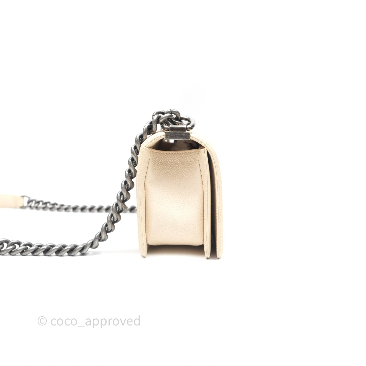 Chanel Small Boy Chevron Beige Caviar Ruthenium Hardware
