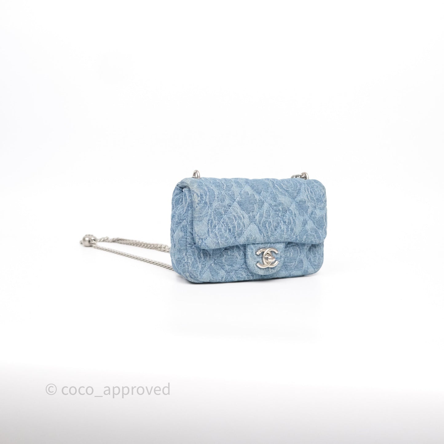 Chanel Mini Camellia Printed Heart Crush Flap Bag Blue Denim Aged Silver Hardware