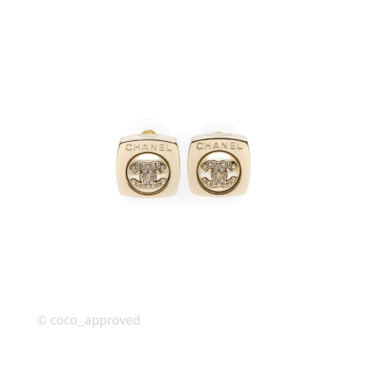Chanel Crystal CC Pearl Square Earrings Gold Tone 23S