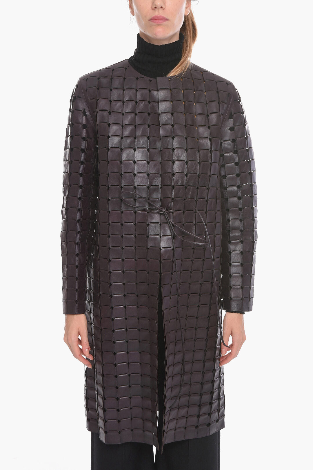 Luxury Bottega Veneta Knitted Leather SATINE Coat with Drawstring