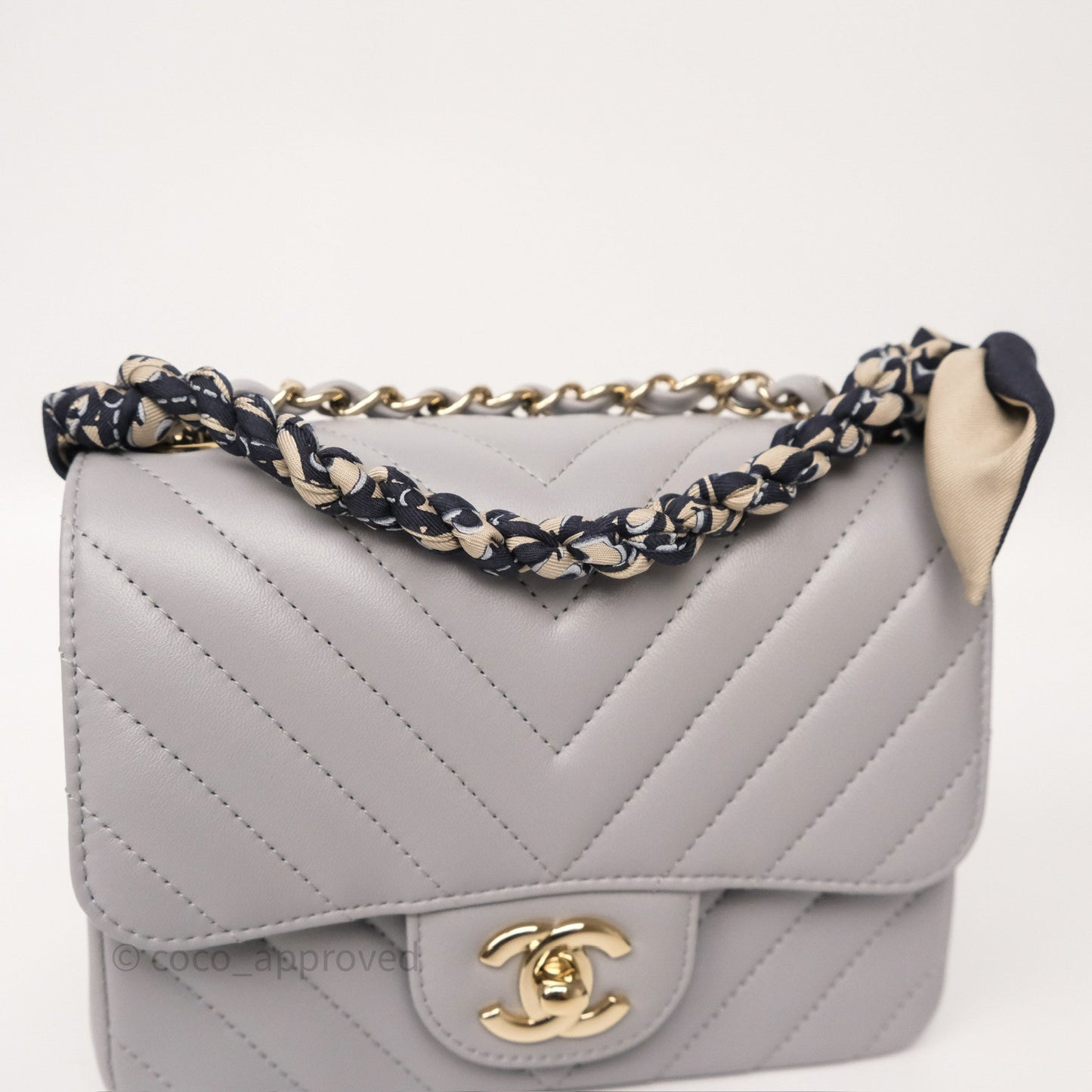 Chanel Mini Square Flap Chevron Grey Lambskin Gold Hardware
