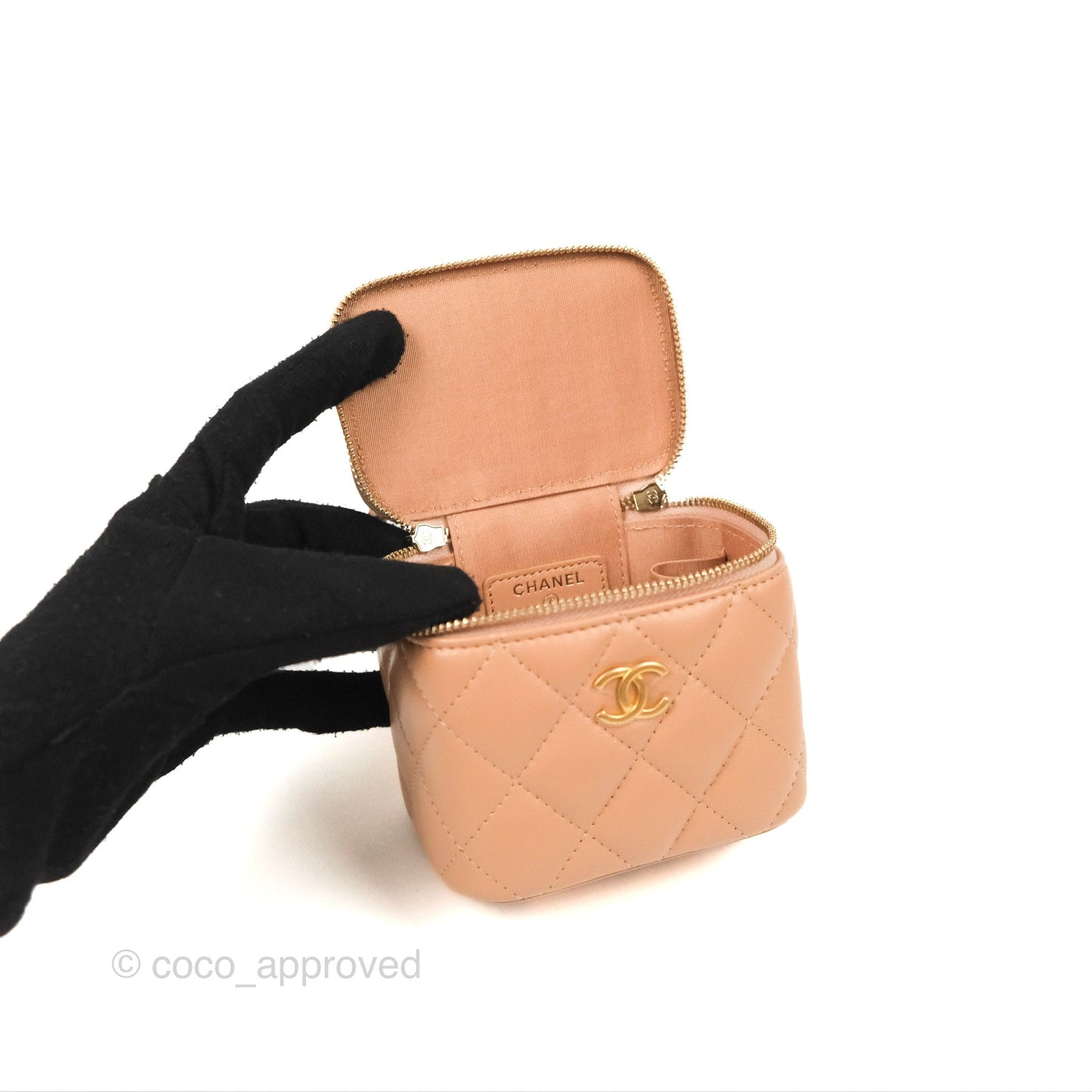 Chanel Mini Top Handle Vanity With Chain Beige Lambskin Aged Gold Hardware