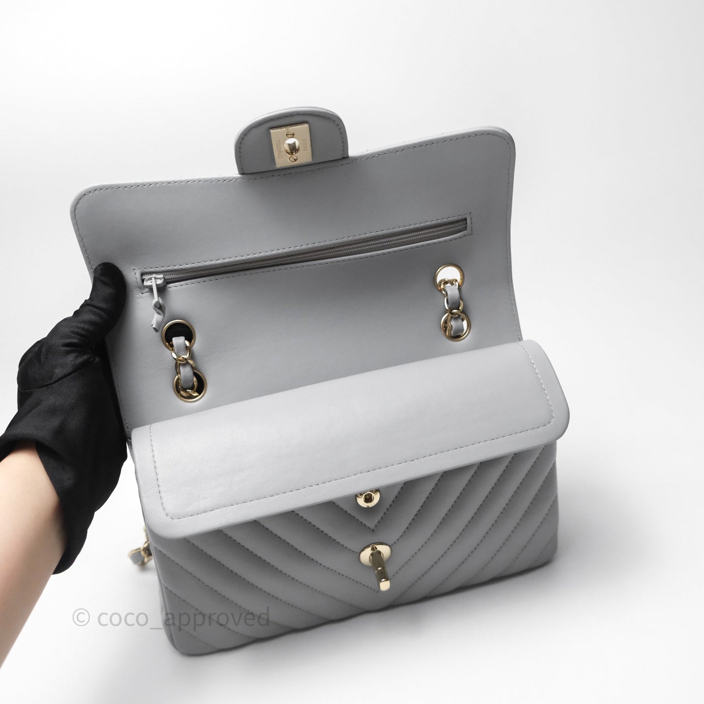 Chanel Classic Small Flap Chevron Grey Lambskin Gold Hardware