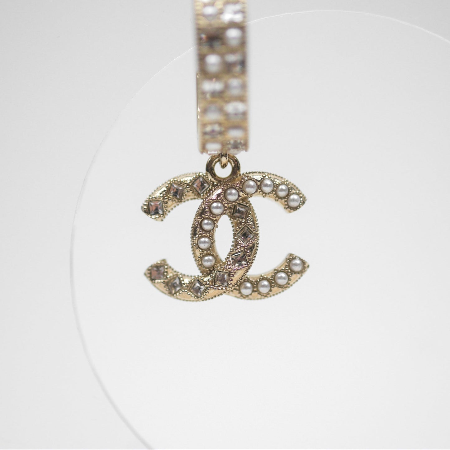 Chanel Crystal Pearl CC Hoop Earrings Gold Tone 21K