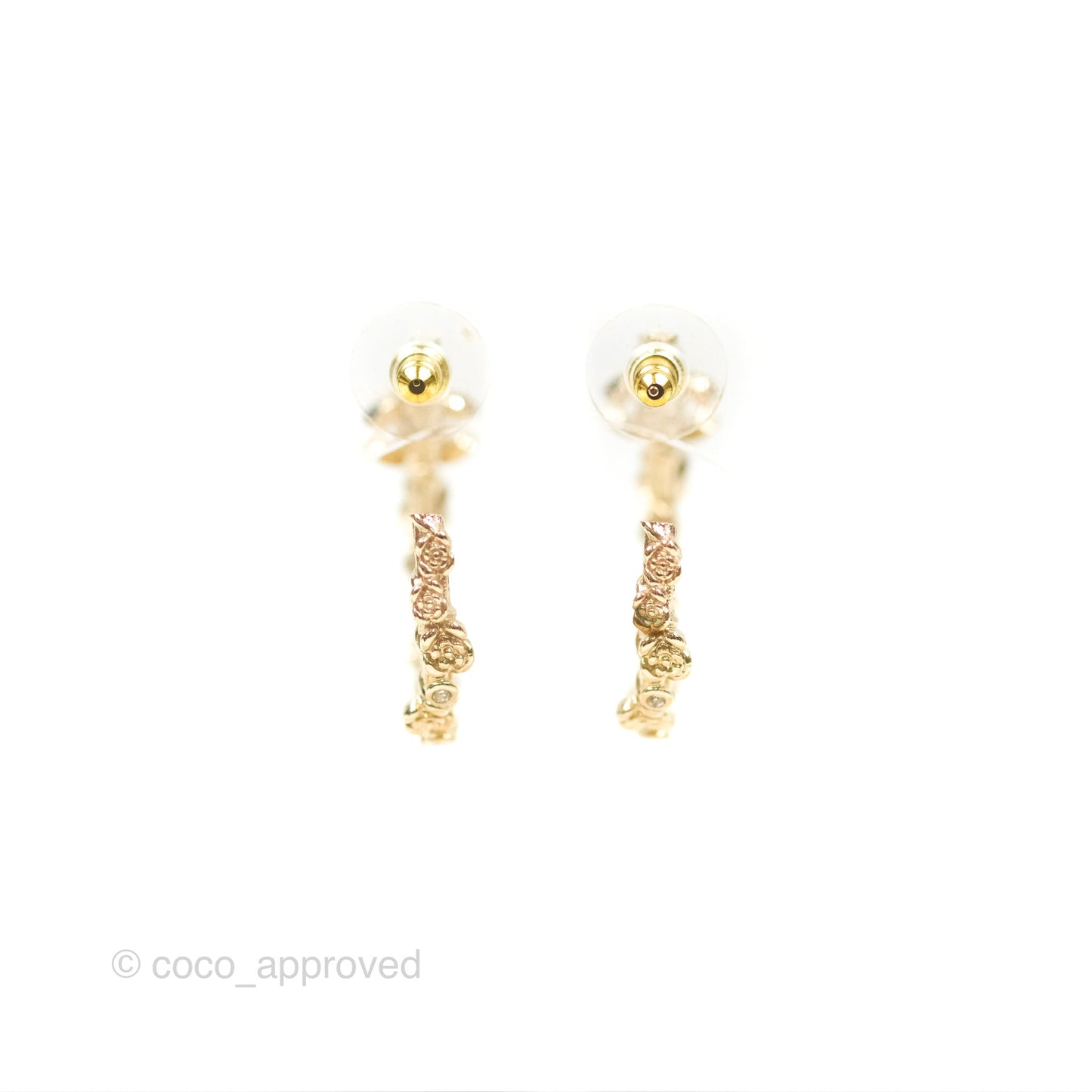 Chanel CC Crystal Camellia Hoop Earrings Gold Tone 22C