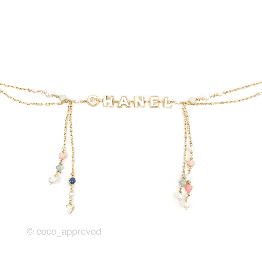 Chanel Logo Pearl Choker Gold Tone 19P