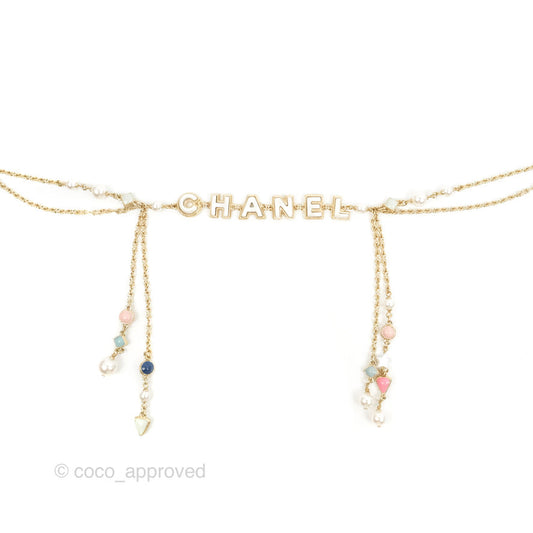Chanel Logo Pearl Choker Gold Tone 19P