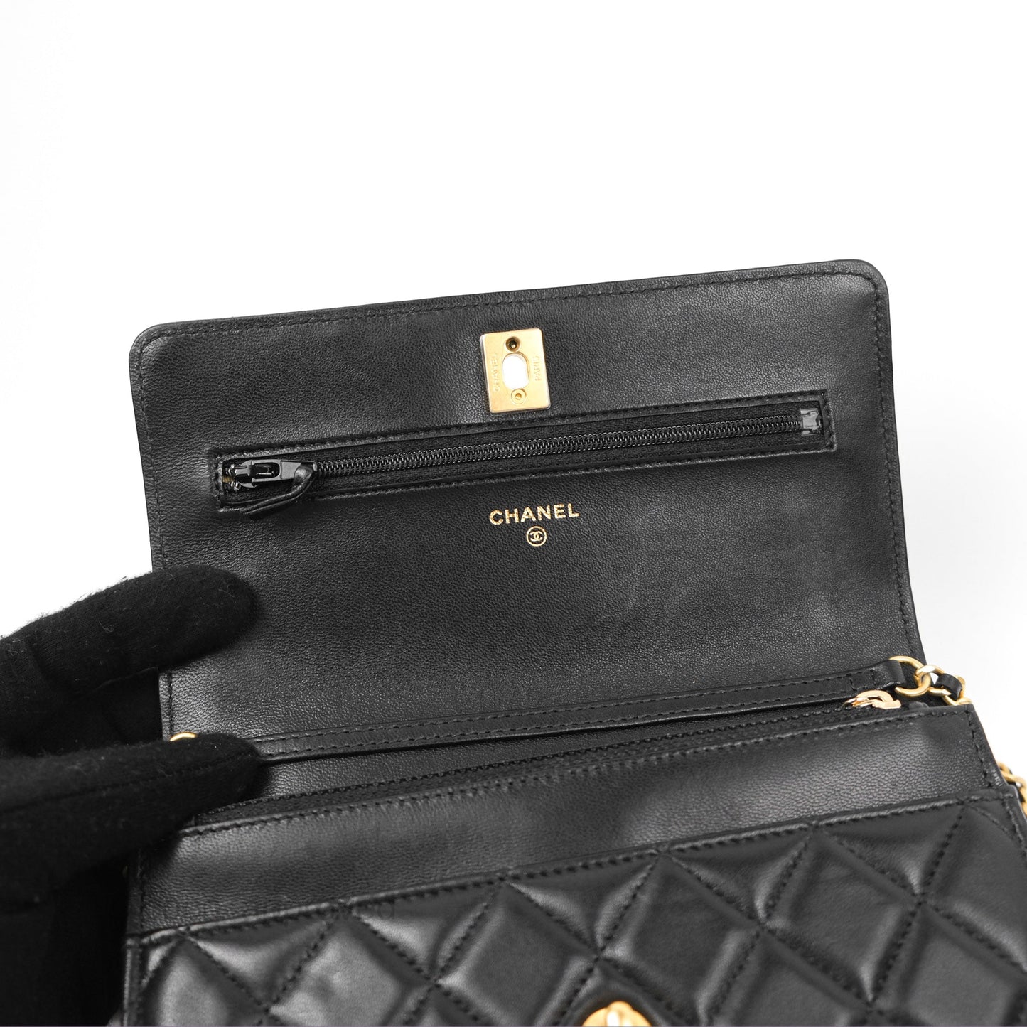 Chanel Quilted Pearl Crush Wallet on Chain WOC Black Lambskin Aged Gold Hardware