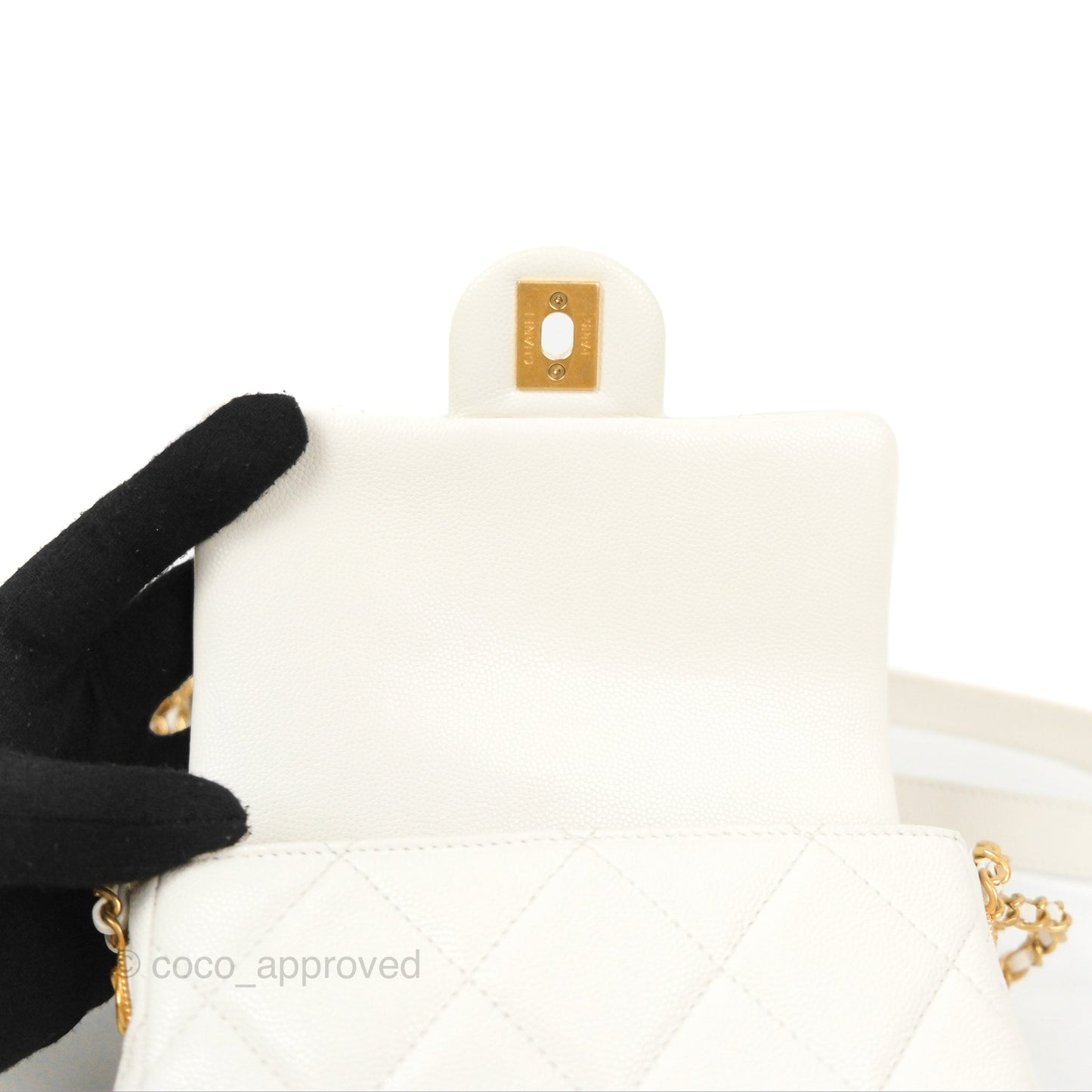 Chanel Mini Flap with Coin Charm White Caviar Aged Gold Hardware 22A