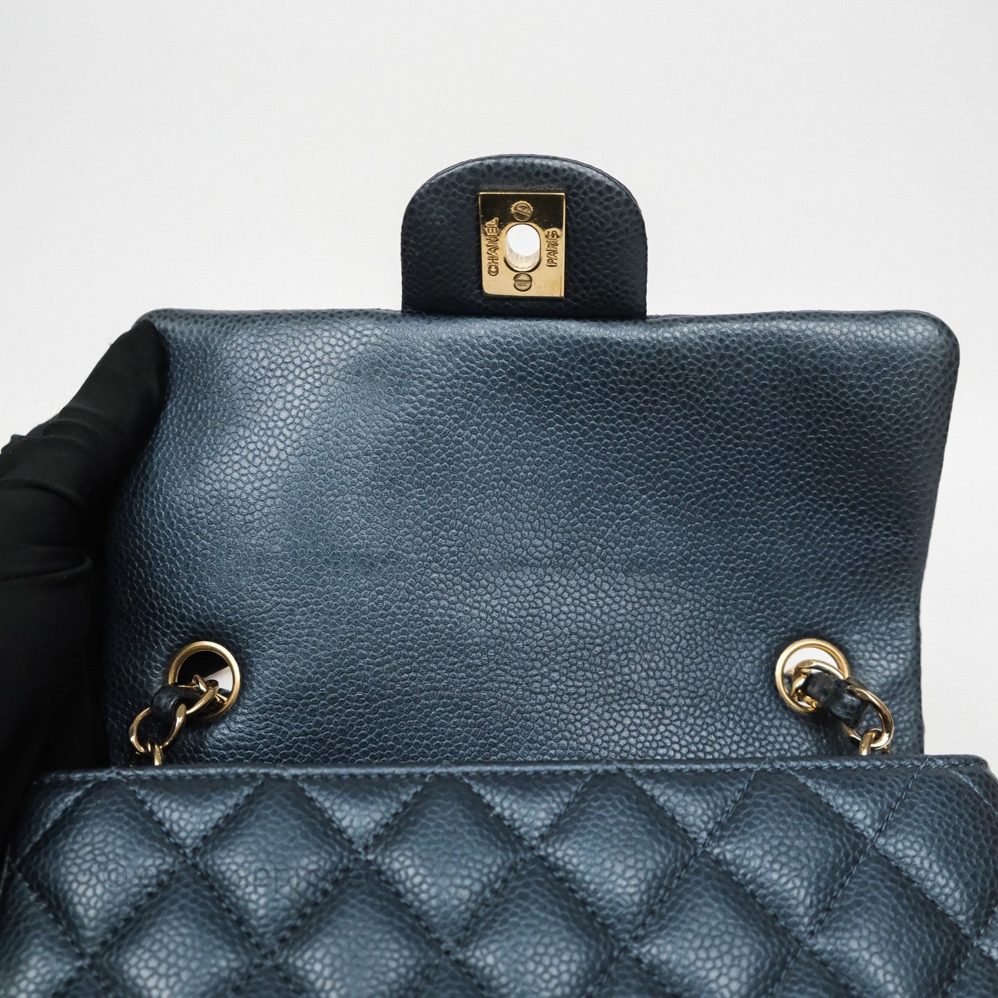Chanel Mini Rectangular Quilted Iridescent Teal Caviar Gold Hardware