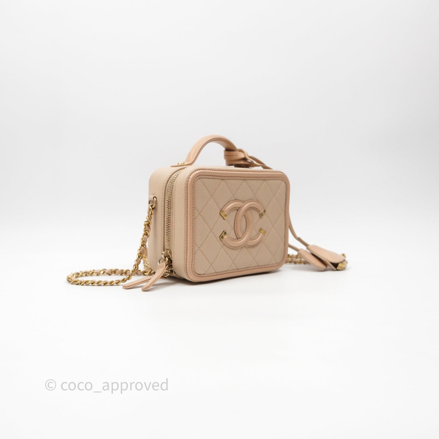 Chanel Quilted Small CC Filigree Vanity Case Beige Caviar Gold Hardware