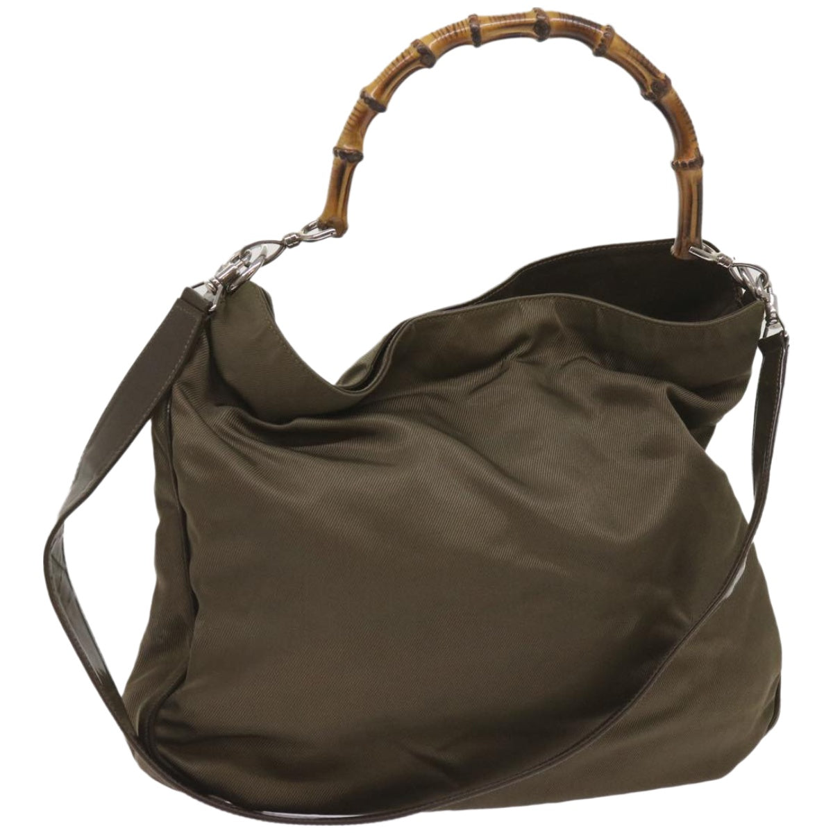 GUCCI Bamboo Shoulder Bag Nylon 2way Khaki 001 2123 1577  66397