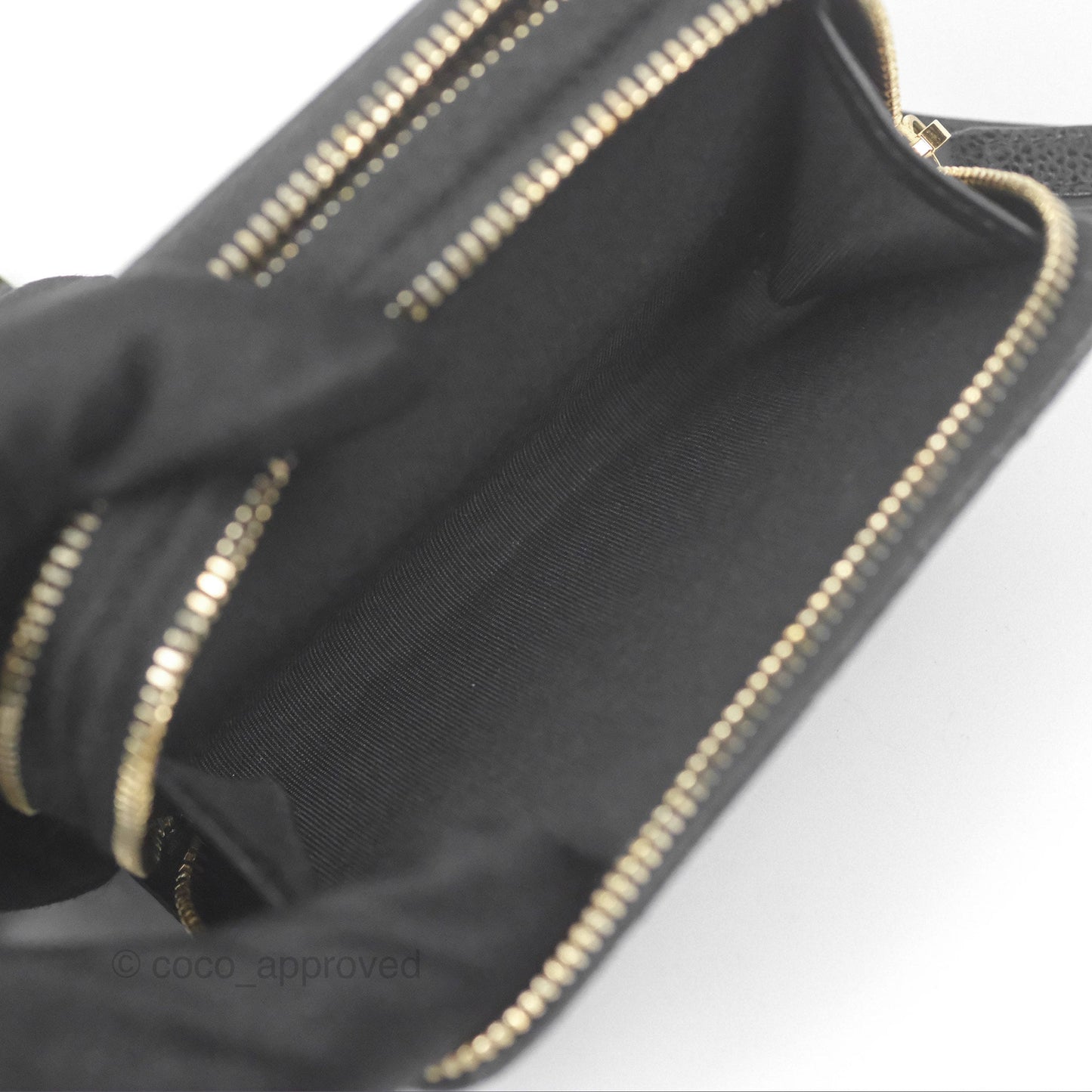 Chanel Miss Coco Quilted Zip Card Holder on Chain Black Caviar Gold Hardware