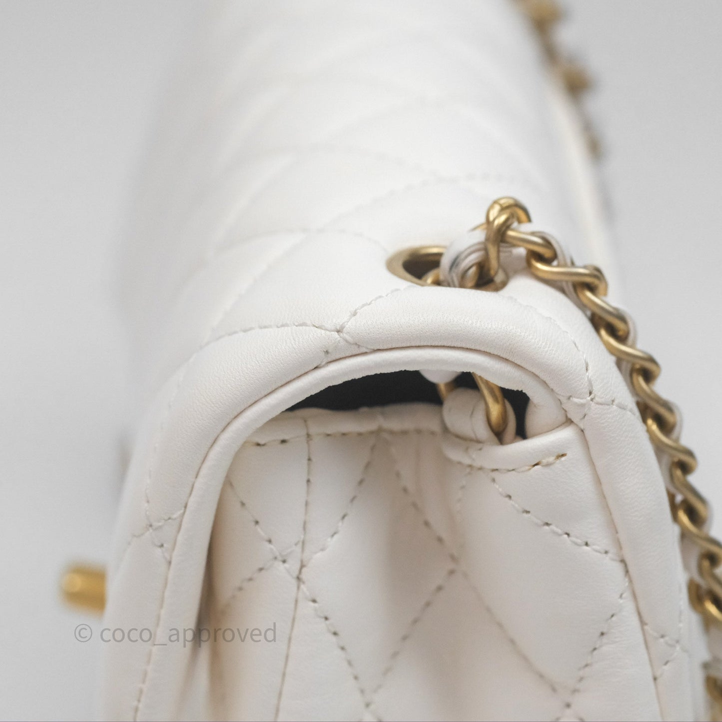 Chanel Mini Rectangular Pearl Crush Quilted White Lambskin Aged Gold Hardware
