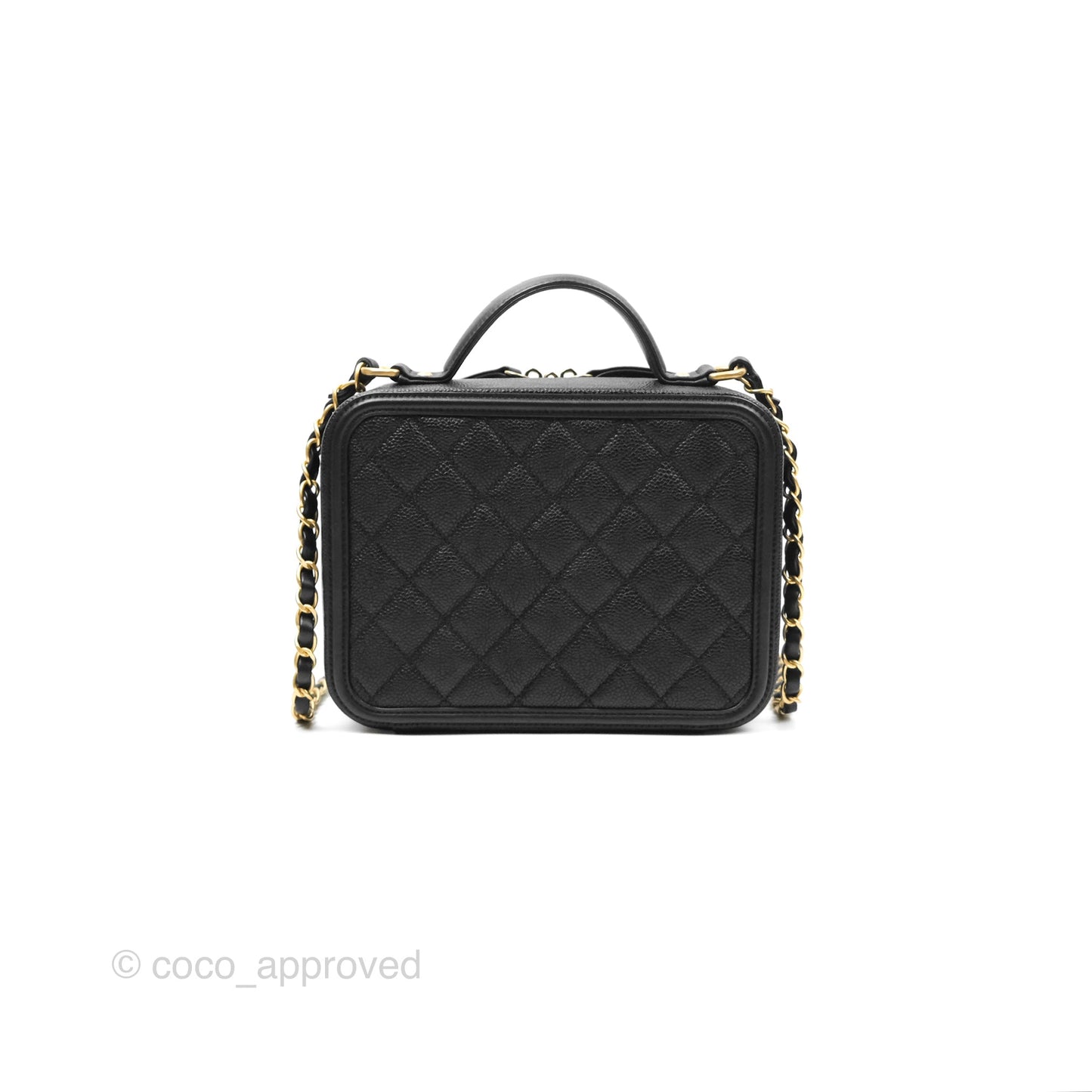 Chanel Quilted Medium CC Filigree Vanity Case Black Caviar Aged Gold Hardware