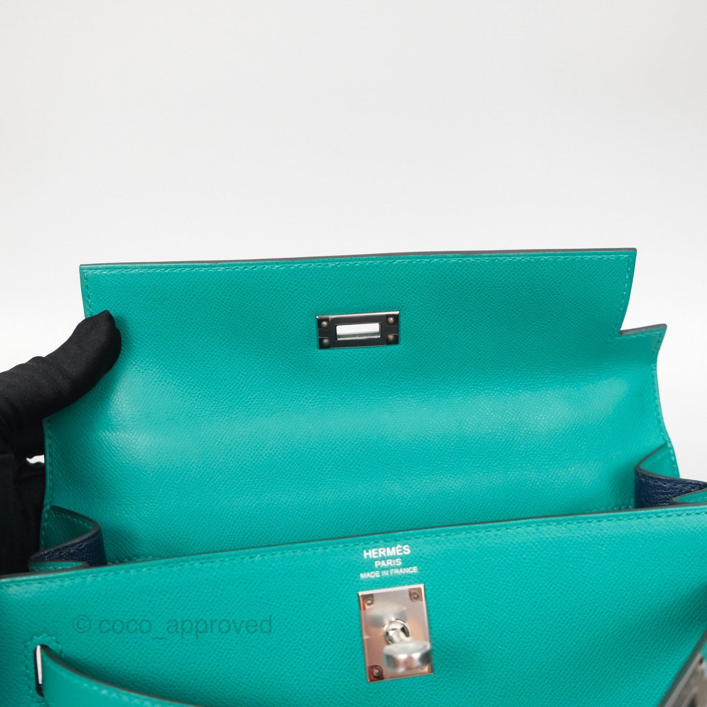 Hermès Sellier Kelly 25 Madame Leather Vert Verone U1/ Bleu De Prusse 7P Palladium Hardware