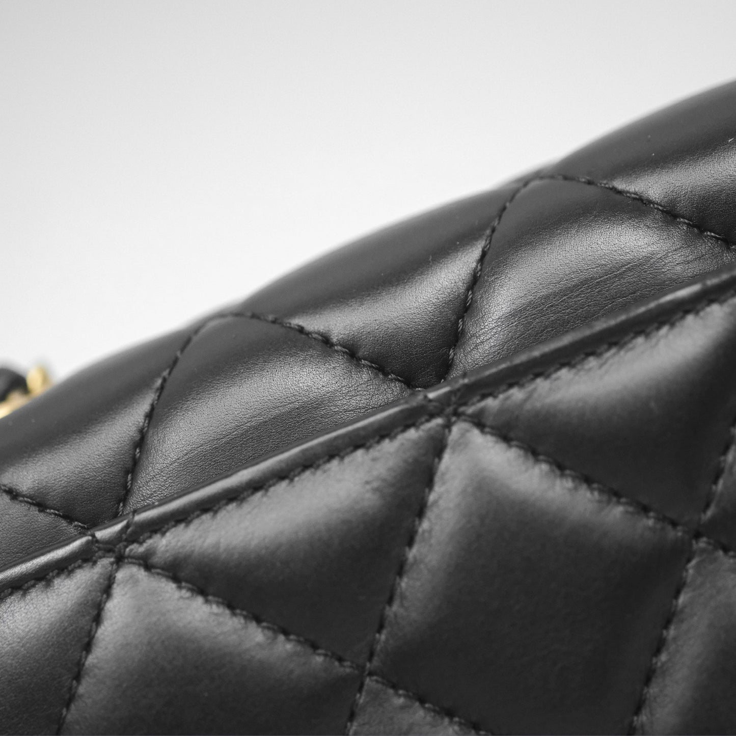 Chanel Quilted Side Chain Flap Bag Black Calfskin Aged Gold Hardware
