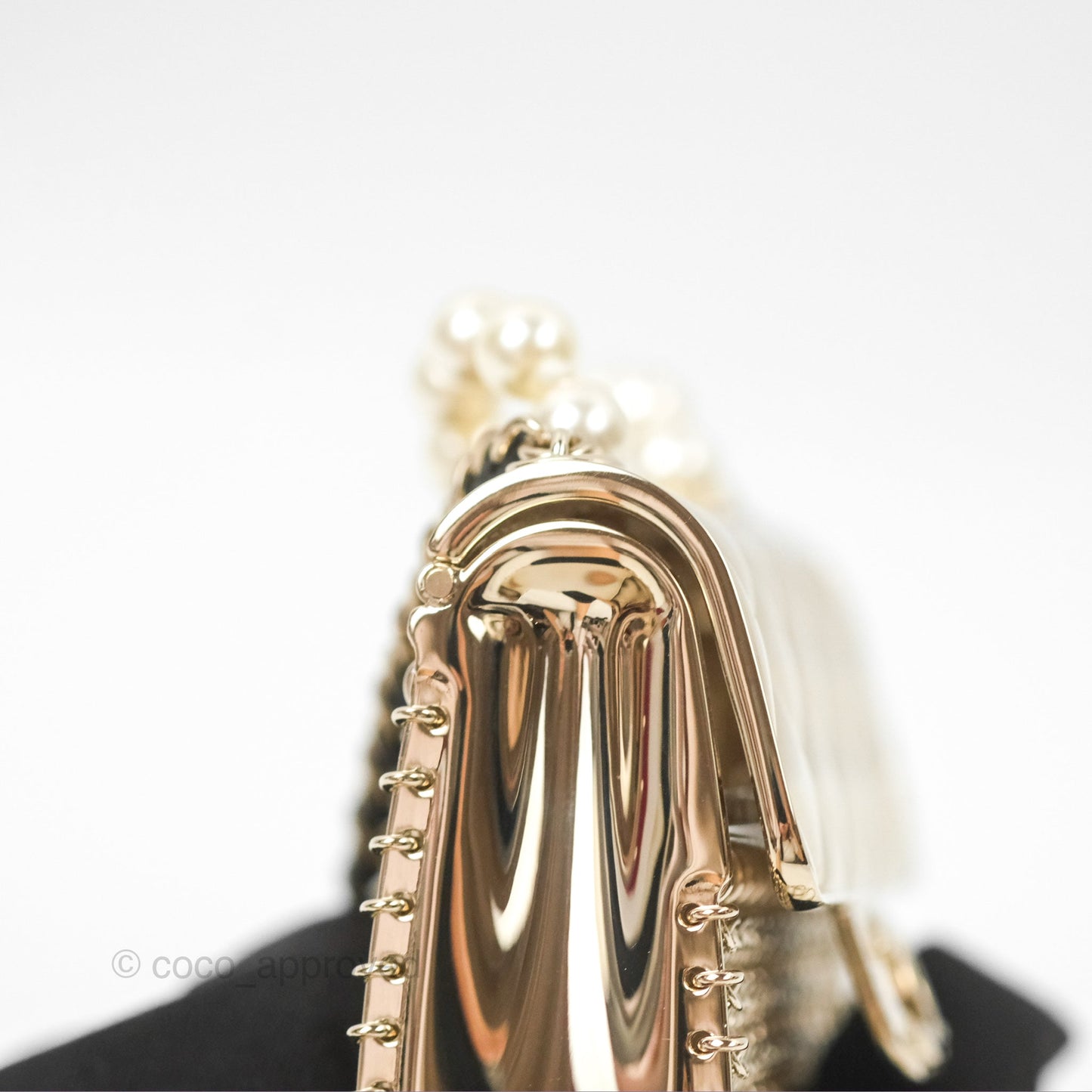 Chanel Flap Bag Charm Pearl Chain Black Leather Long Necklace Gold Tone 21S