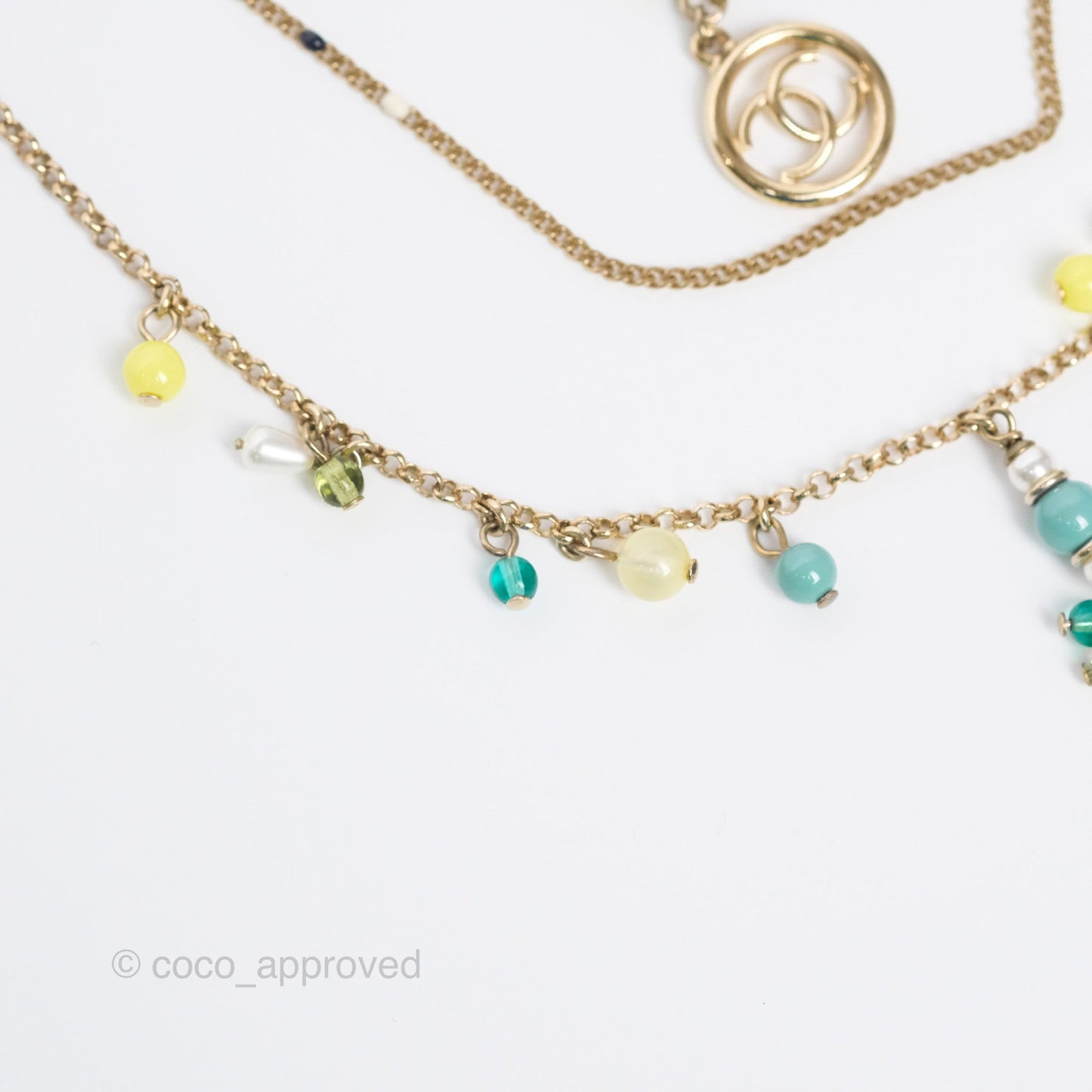 Chanel Pearl CC Green Bead Long Necklace Gold Tone 19S