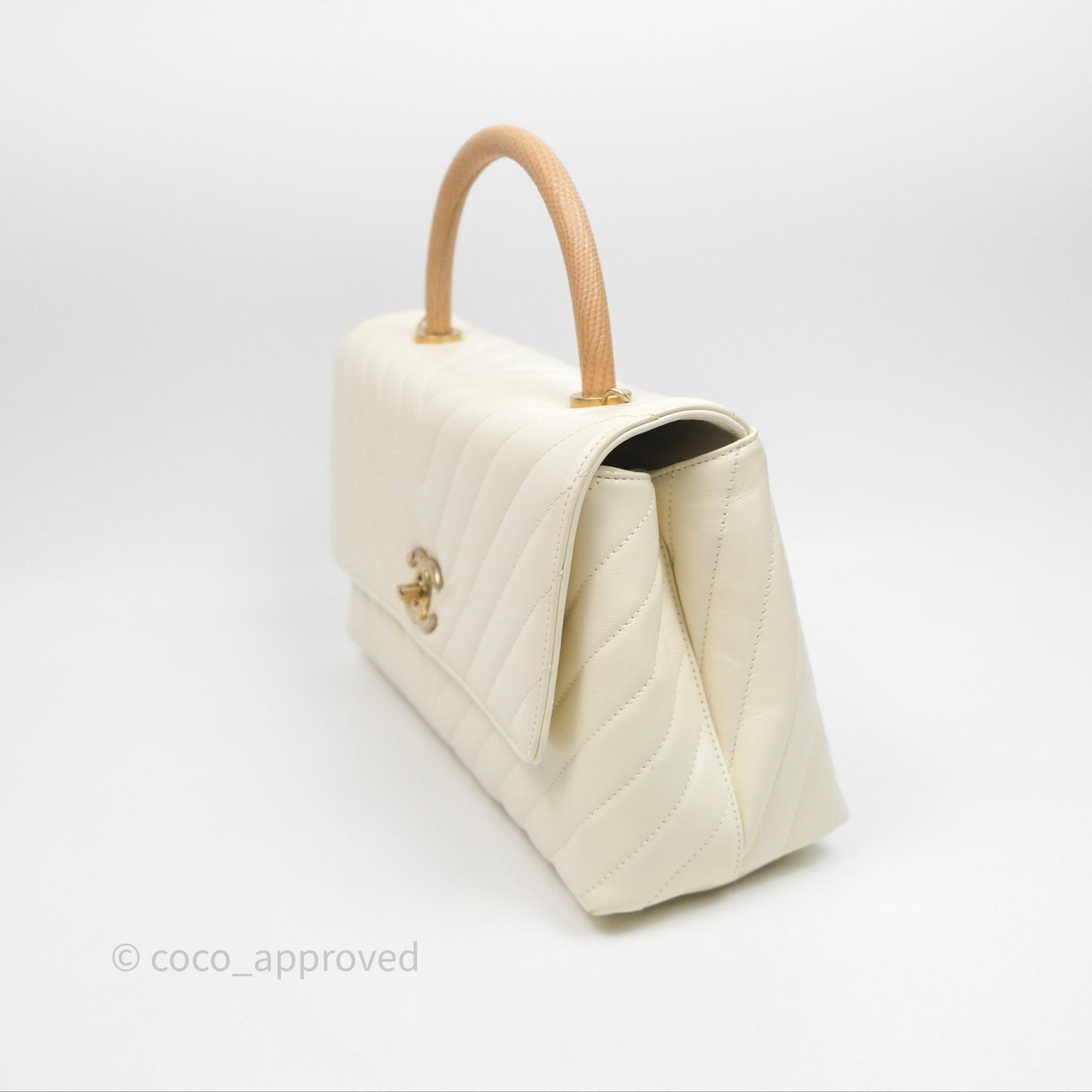 Chanel Medium Coco Handle Chevron Aged Calfskin Ivory Aged Gold Hardware Beige Lizard Handle