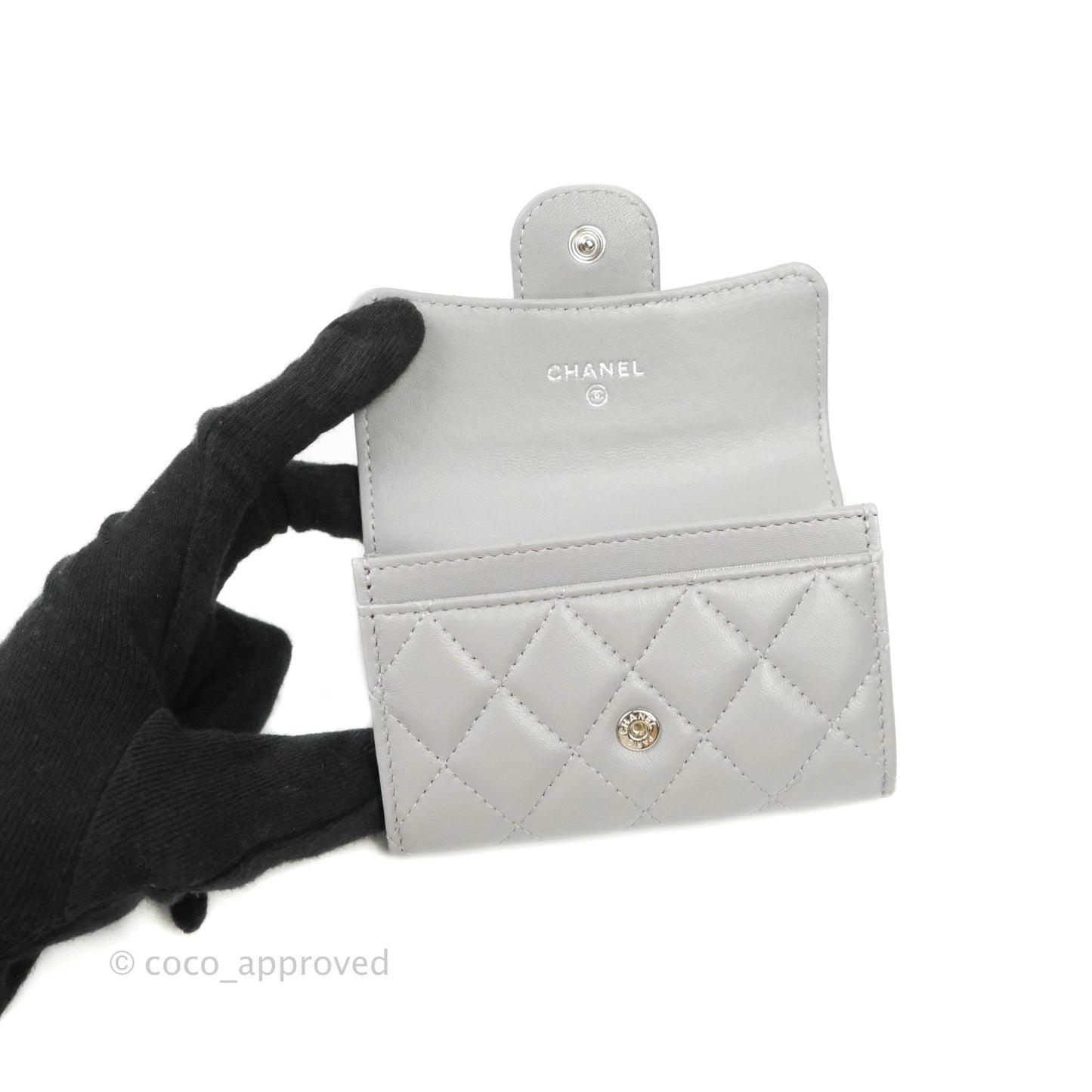Chanel Quilted Flap Card Holder Grey Lambskin Silver Hardware