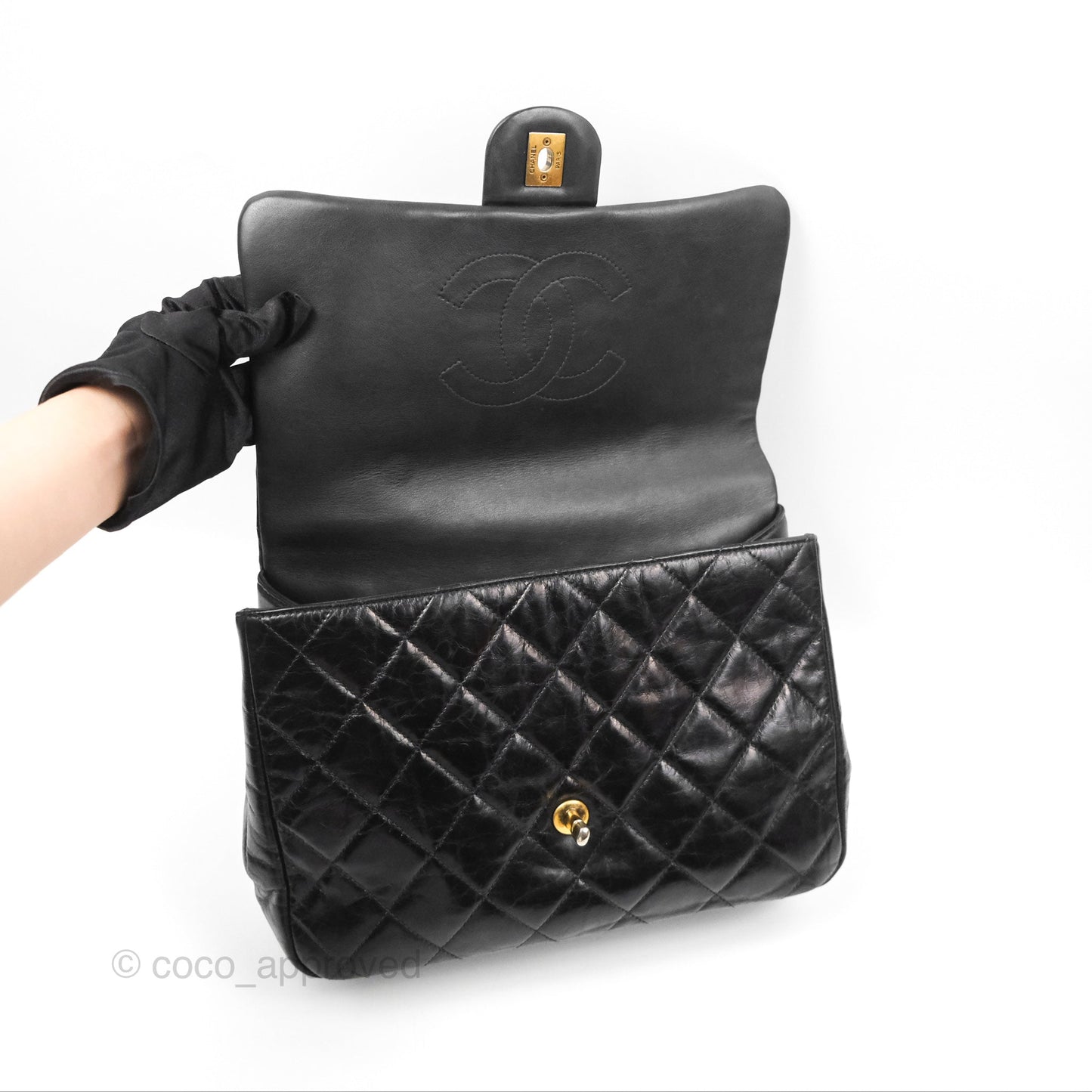 Chanel Gold Bar Top Handle Shoulder Bag Black Glazed Aged Calfskin Aged Gold Hardware