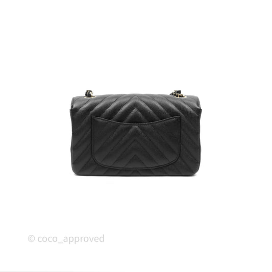 Chanel Chevron Mini Rectangular Flap Black Caviar Gold Hardware