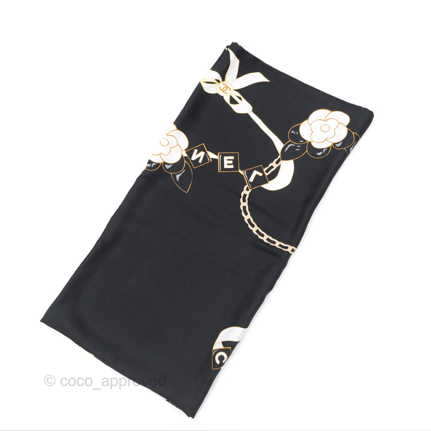 Chanel Camellia Square Silk Scarf 90 Black/ White