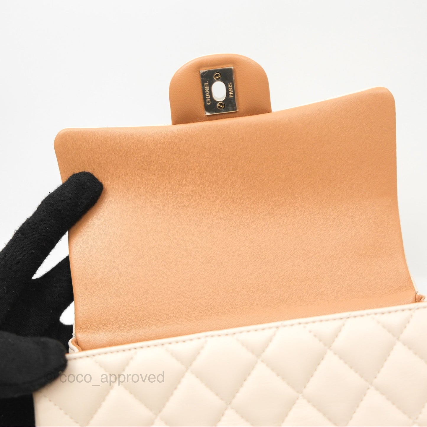 Chanel Top Handle Mini Rectangular Flap Bag Ecru/Beige Lambskin Gold Hardware 23P