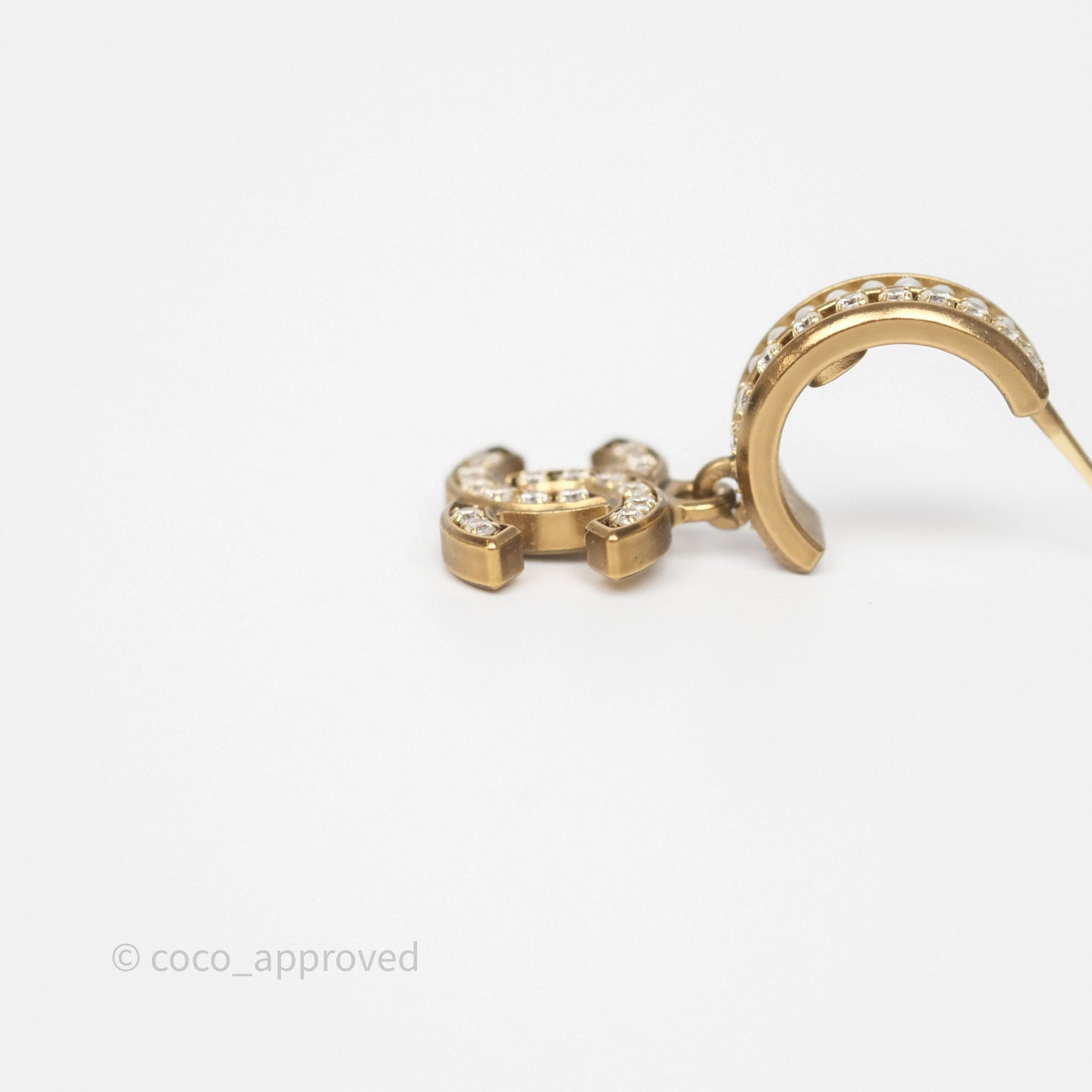 Chanel CC Crystal Pearl Hoop Earrings Gold Tone 21C