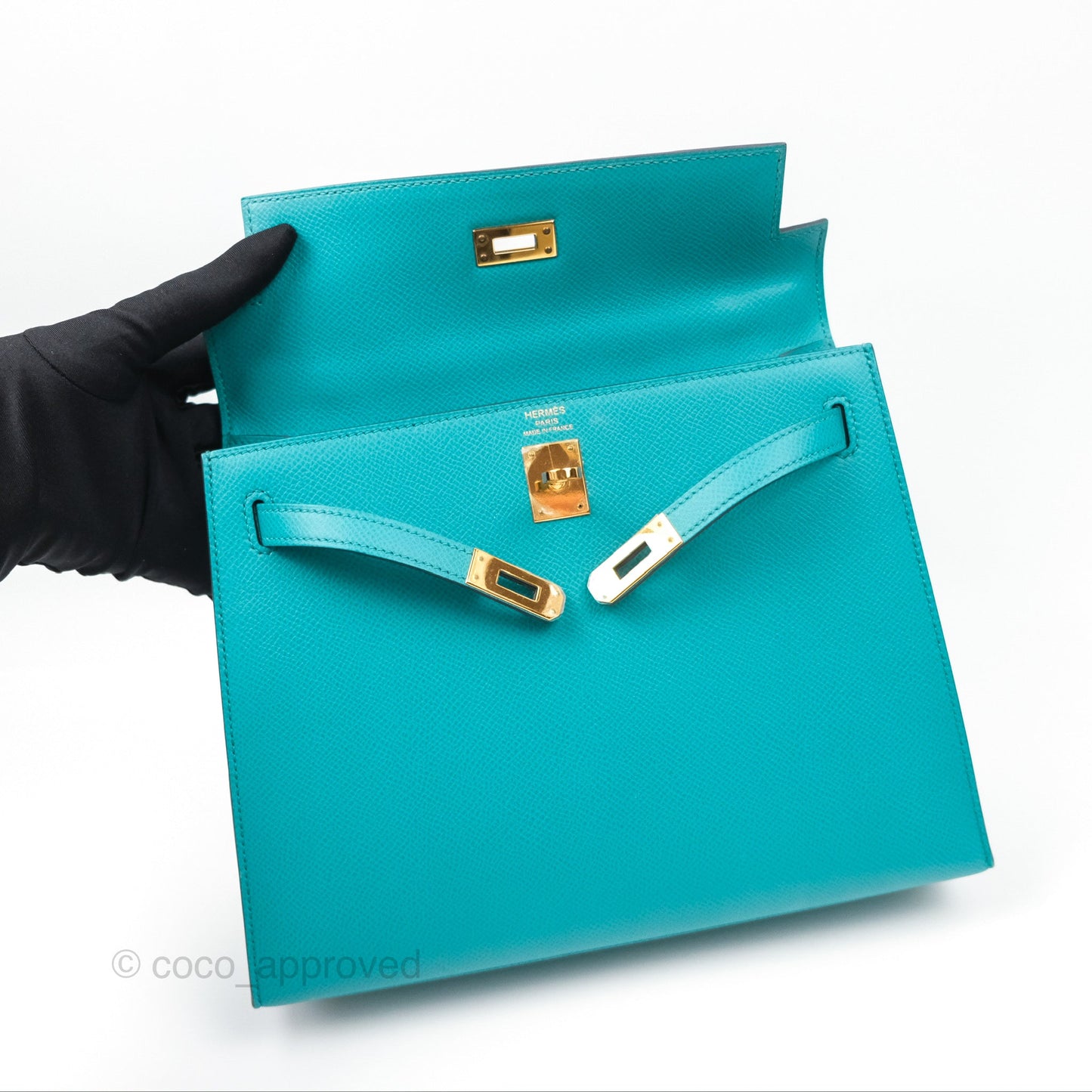 Hermès Sellier Kelly 25 Bleu Paon 7F Epsom Gold Hardware