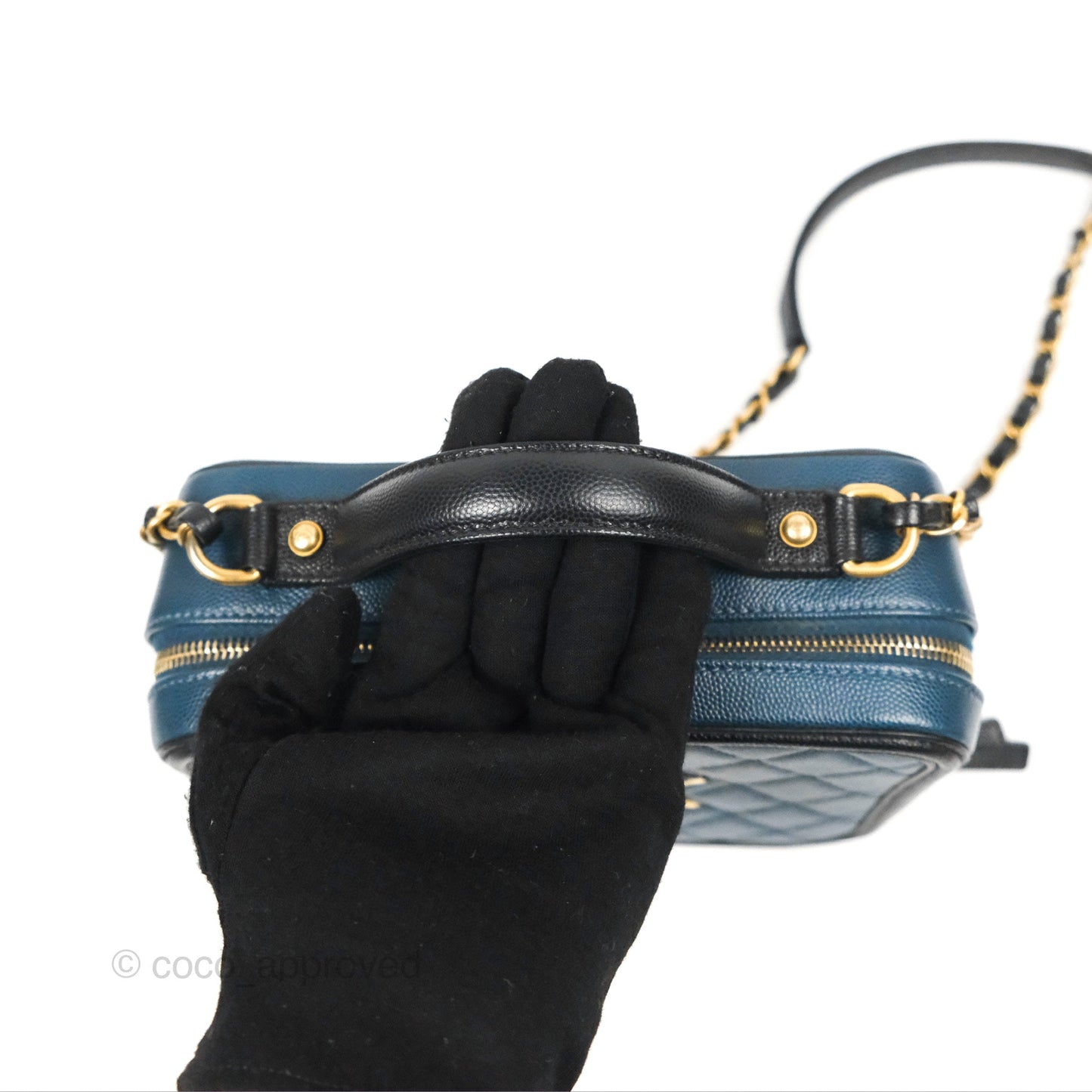 Chanel Quilted Medium CC Filigree Vanity Case Navy Black Caviar Aged Gold Hardware