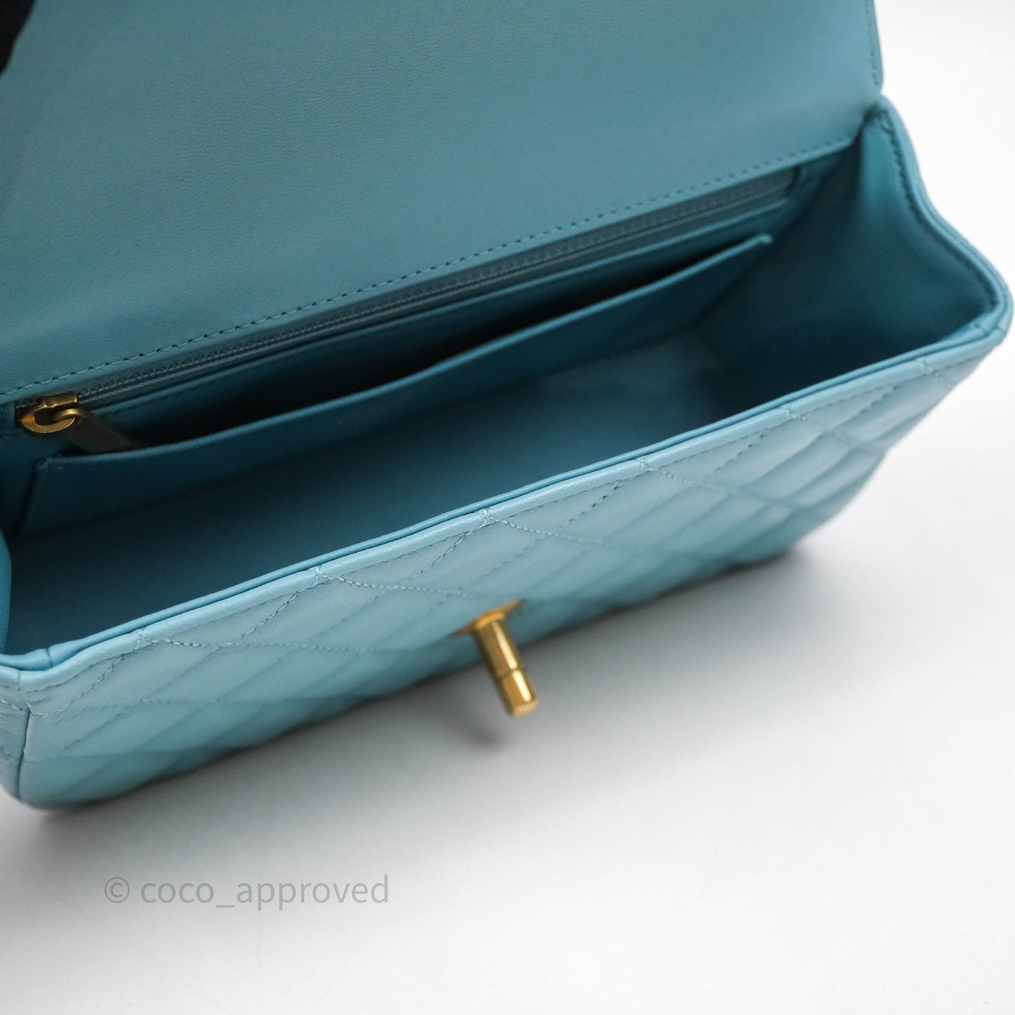 Chanel Flap Bag with Crystal Logo Top Handle Tiffany Blue Lambskin Aged Gold Hardware