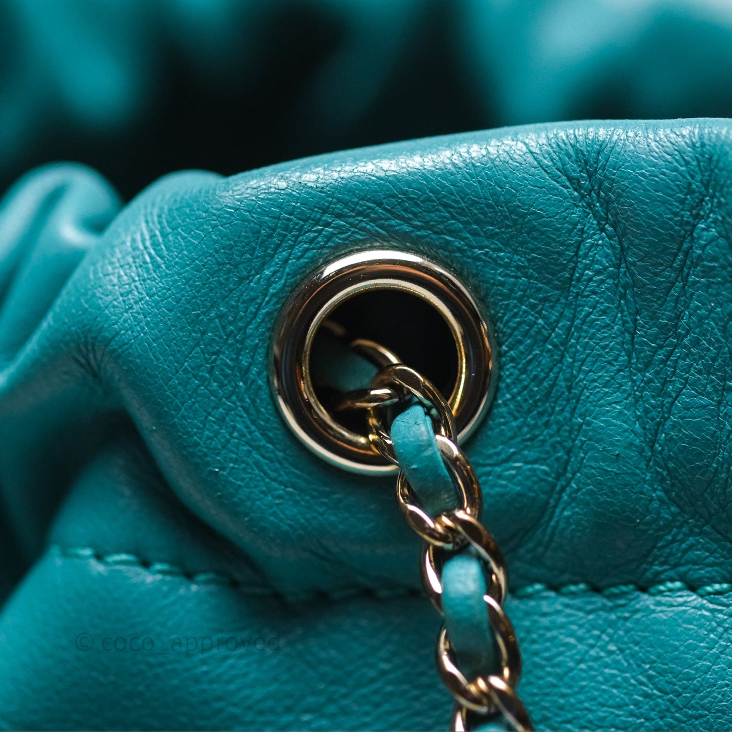Chanel Pearl CC Drawstring Bucket Bag Teal Green Lambskin Gold Hardware
