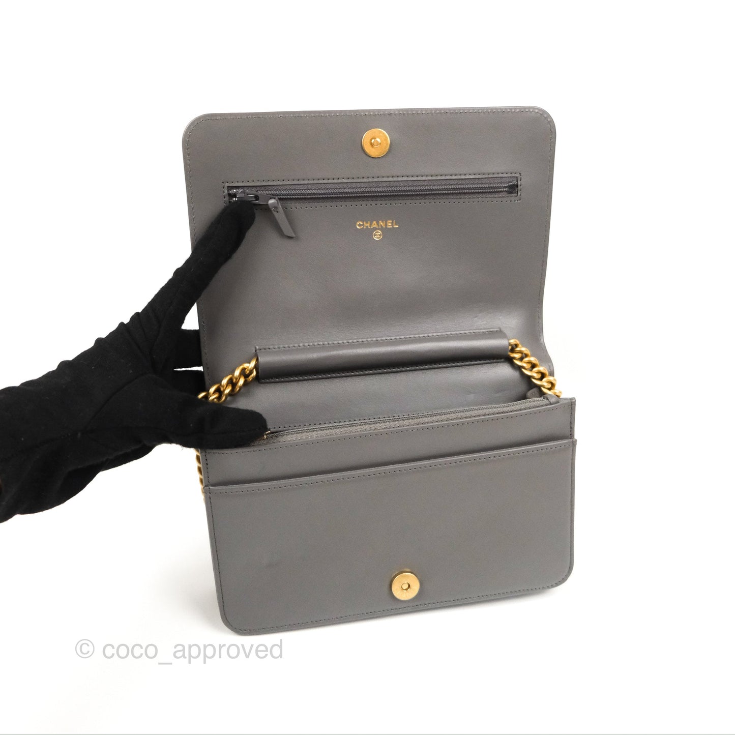 Chanel Quilted Boy Wallet on Chain WOC Dark Grey Caviar Gold Hardware