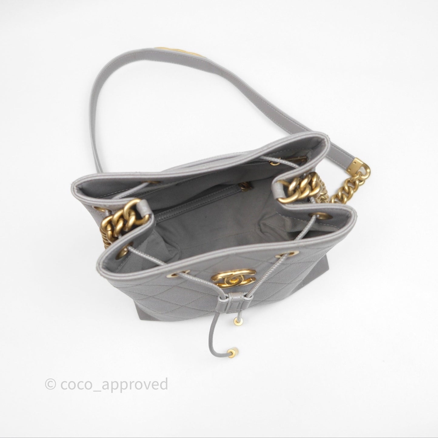 Chanel Drawstring Bucket Bag Grey Grained Calfskin Aged Gold Hardware